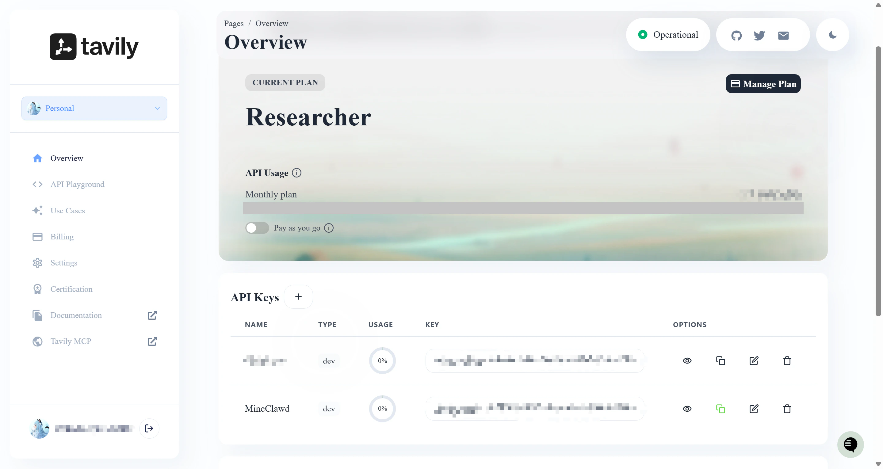 Tavily API platform showing API key management interface