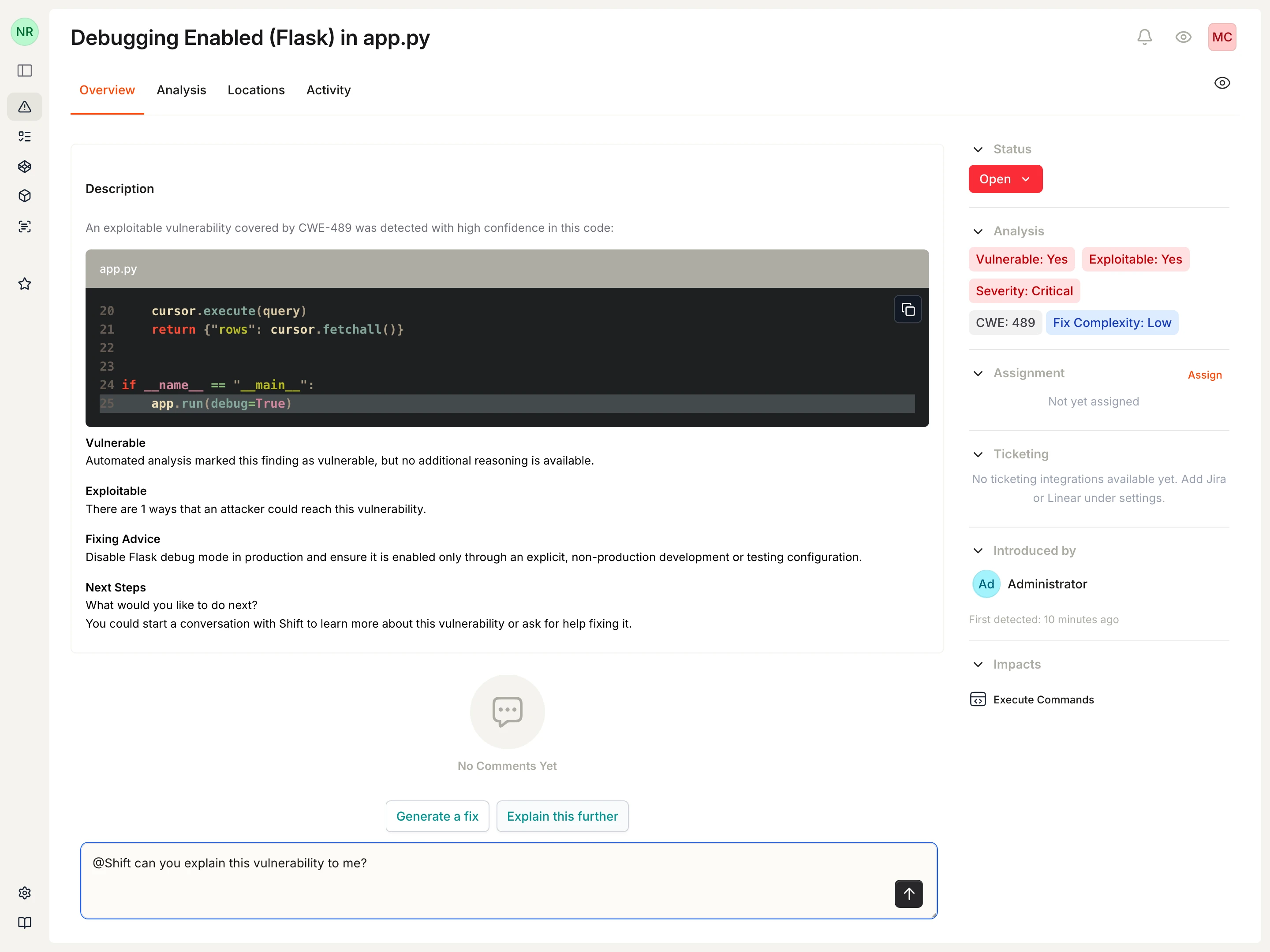 Vulnerability conversation with Explain this further selected and an editable Shift prompt in the comment field.