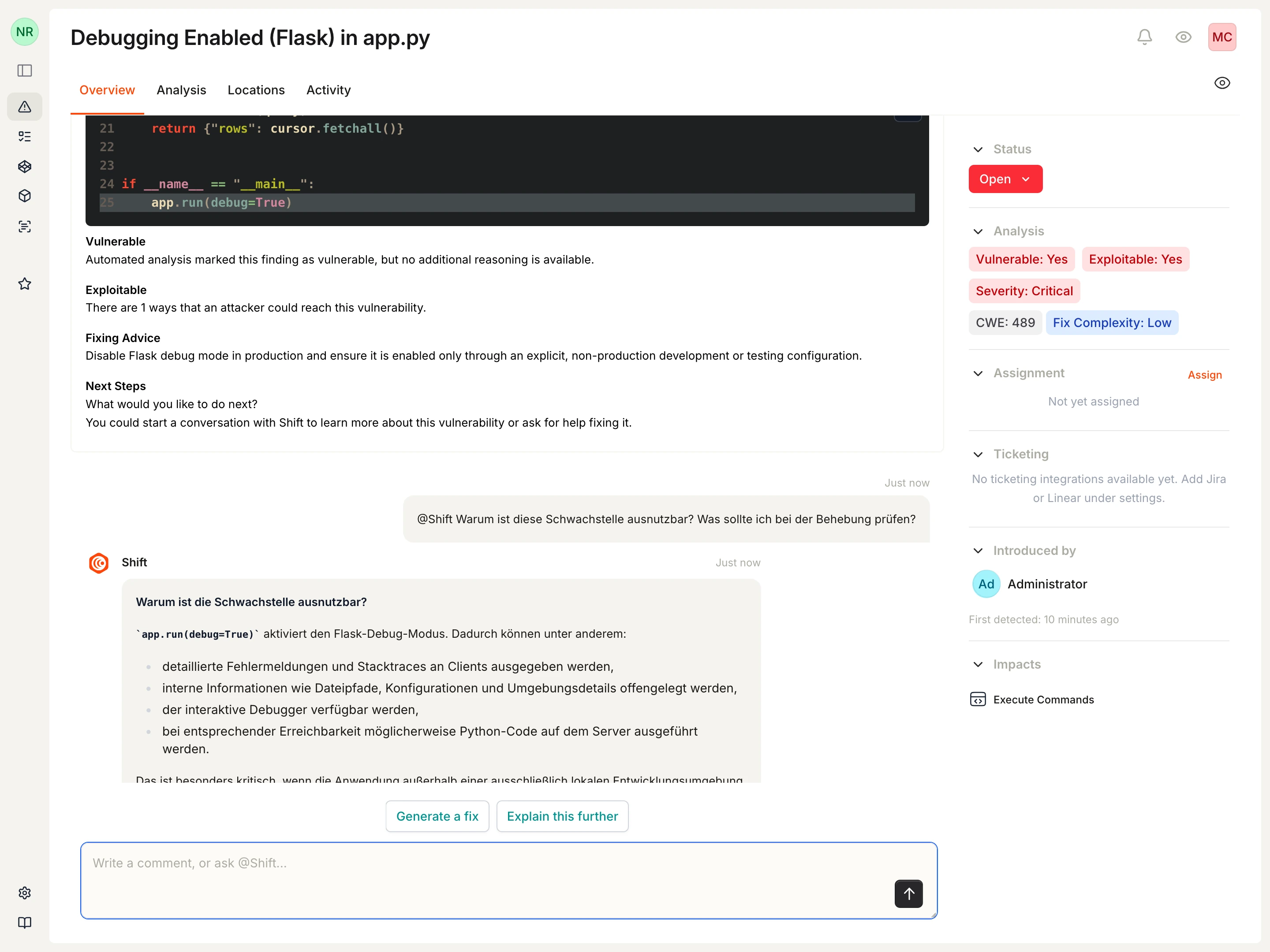 Vulnerability conversation showing a German question and a German response from Shift.