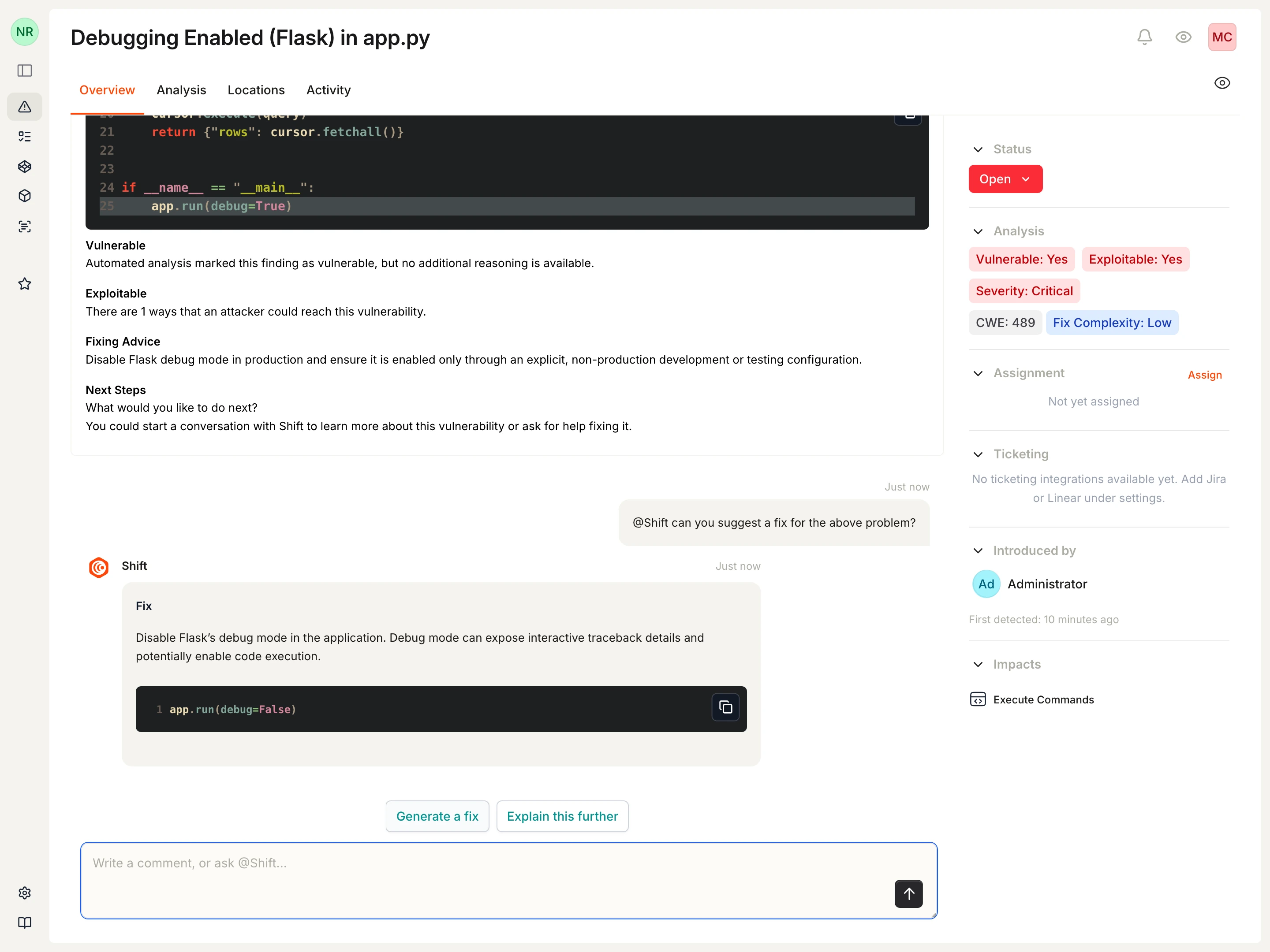 Vulnerability conversation showing Shift suggesting a focused code remediation for the Flask debug finding.