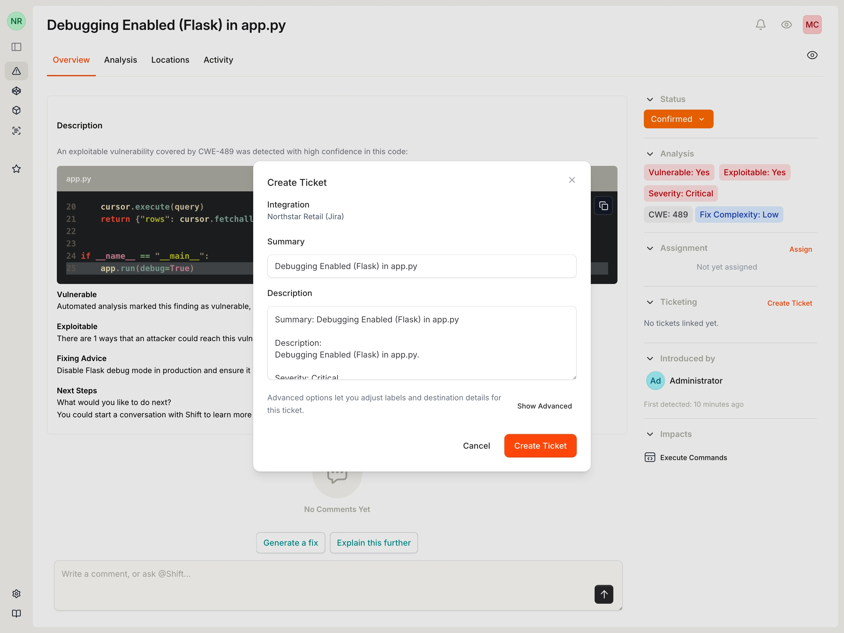 Create ticket dialog showing integration selection, summary, and description fields.