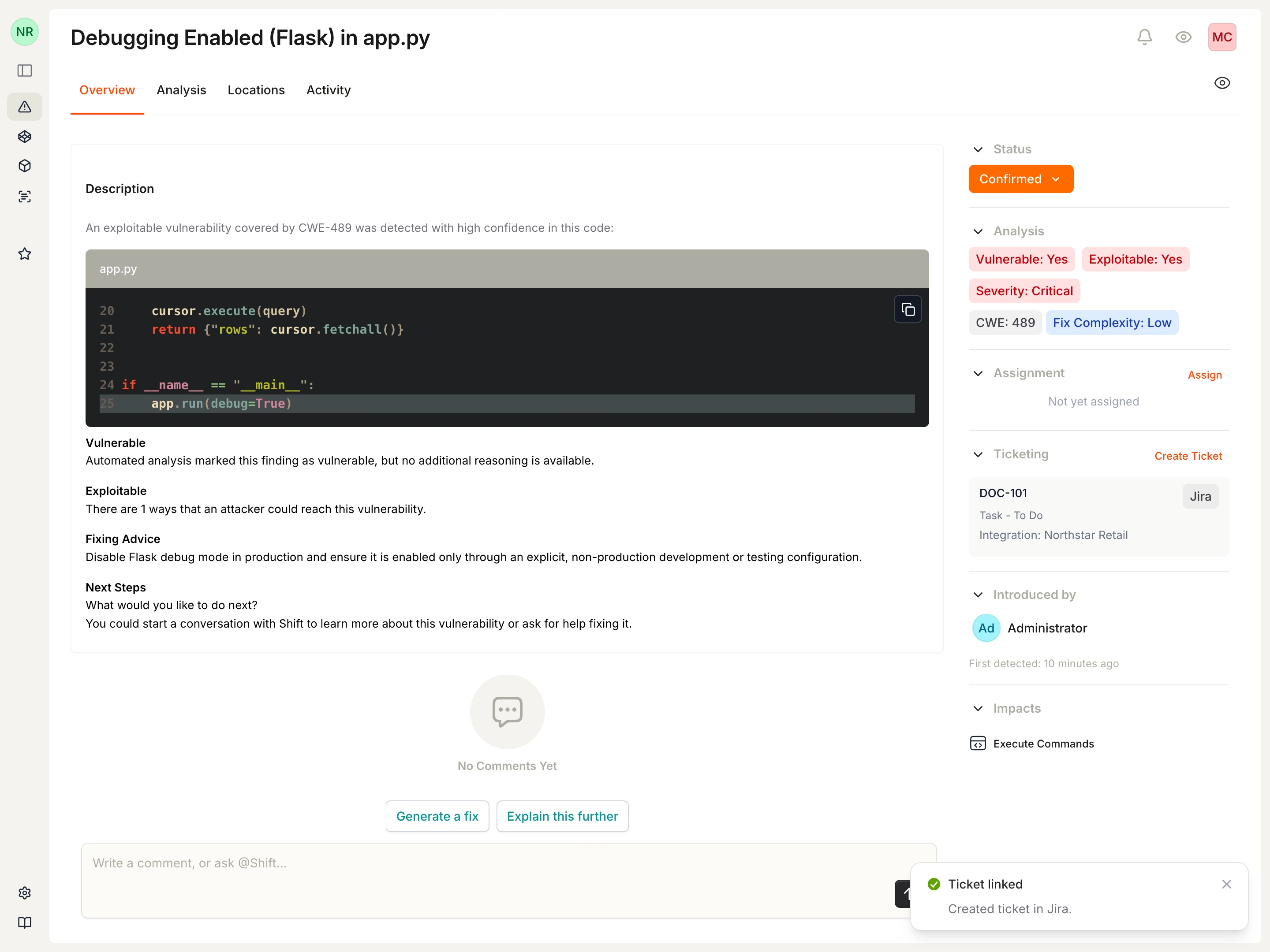 Vulnerability page showing linked Jira ticket with status and integration details.