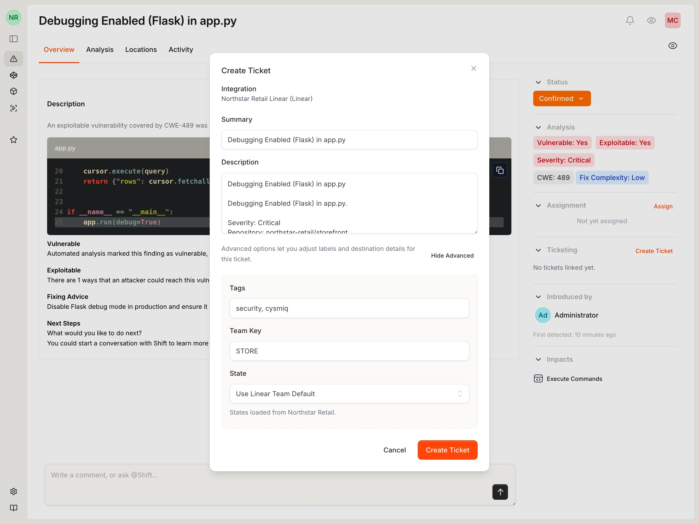 Create ticket dialog showing Linear summary, description, team, state, and tag controls.
