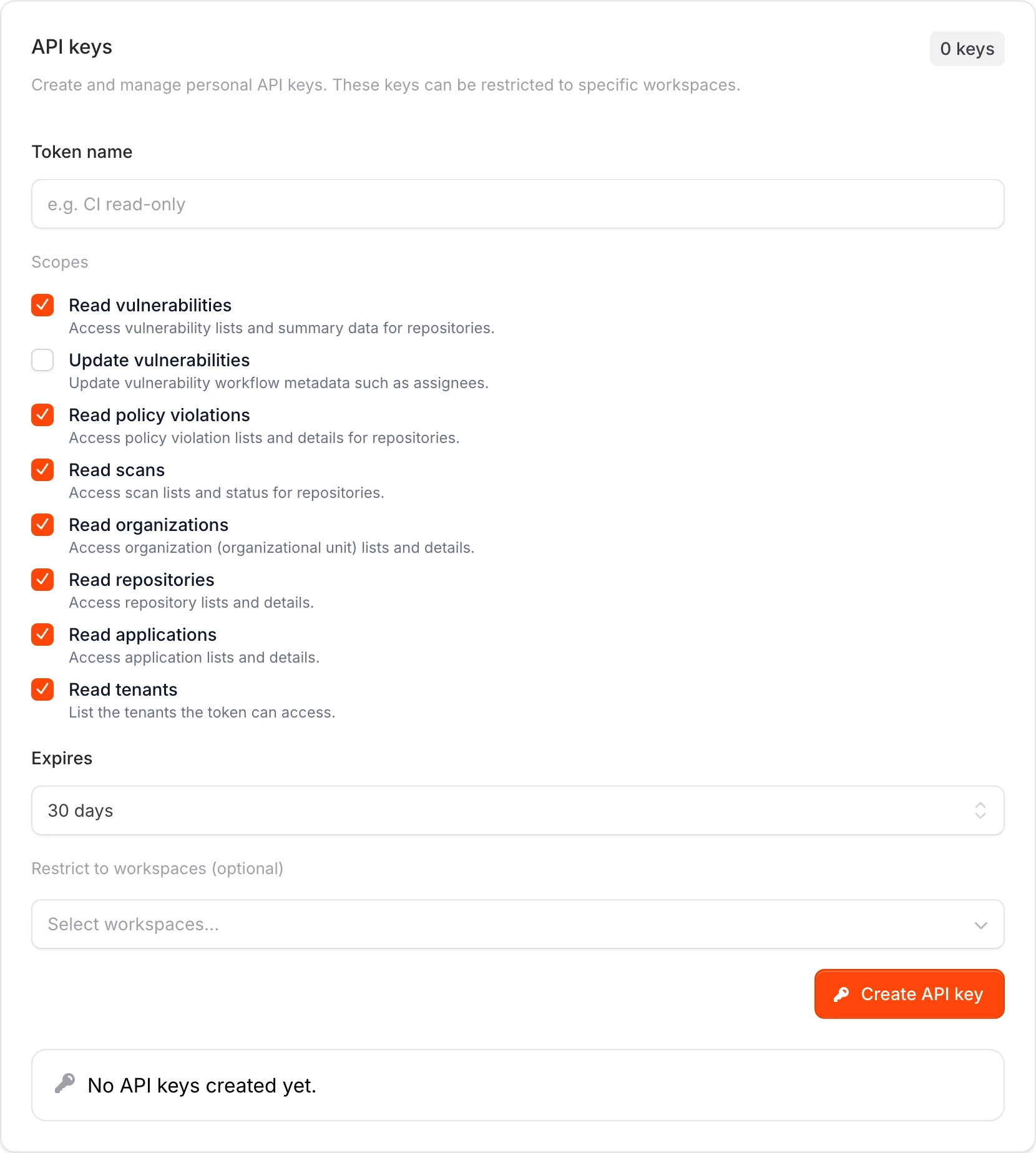 API keys section showing the form to create a personal API key.