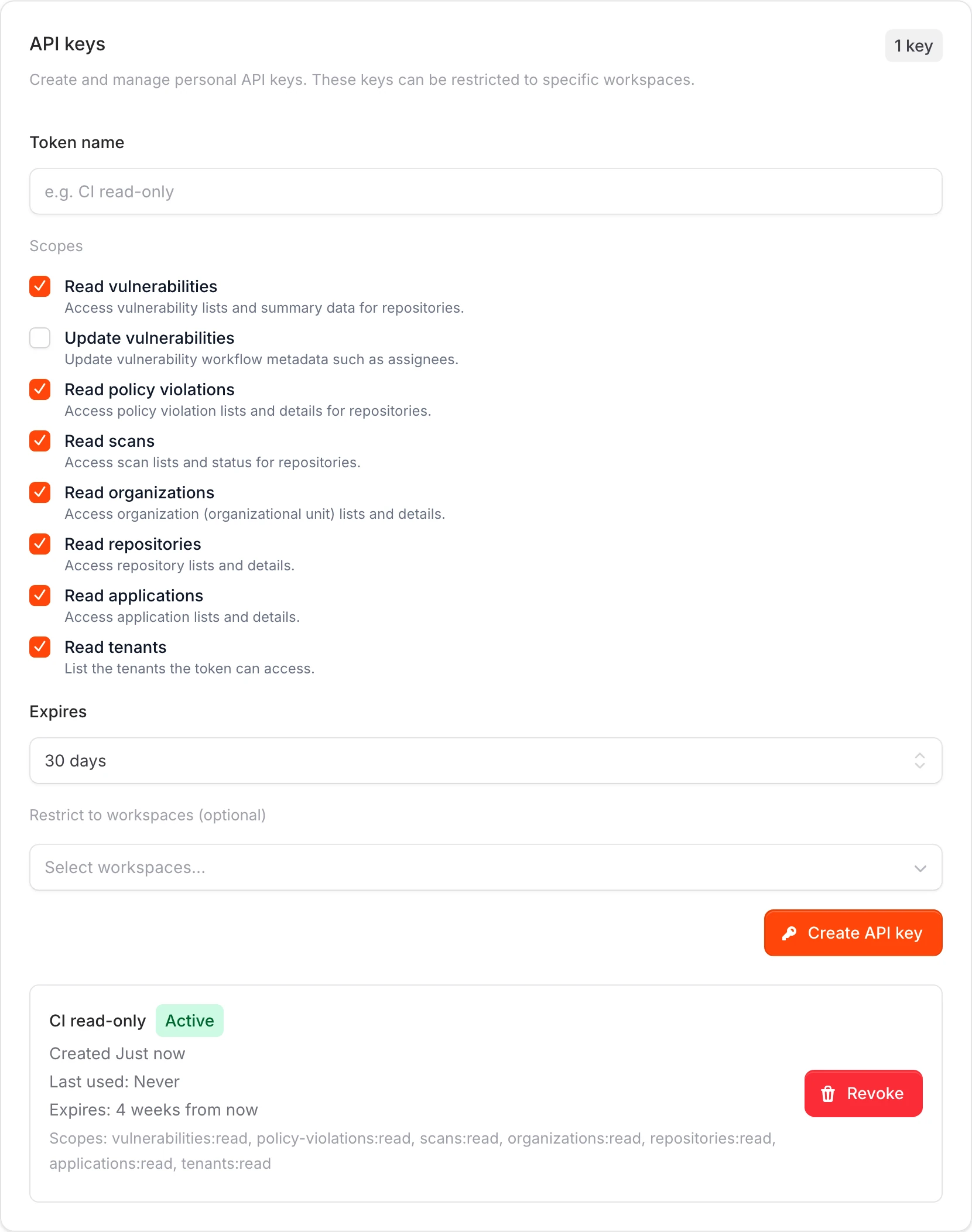 API key list showing a CI read-only key with Active status and details.