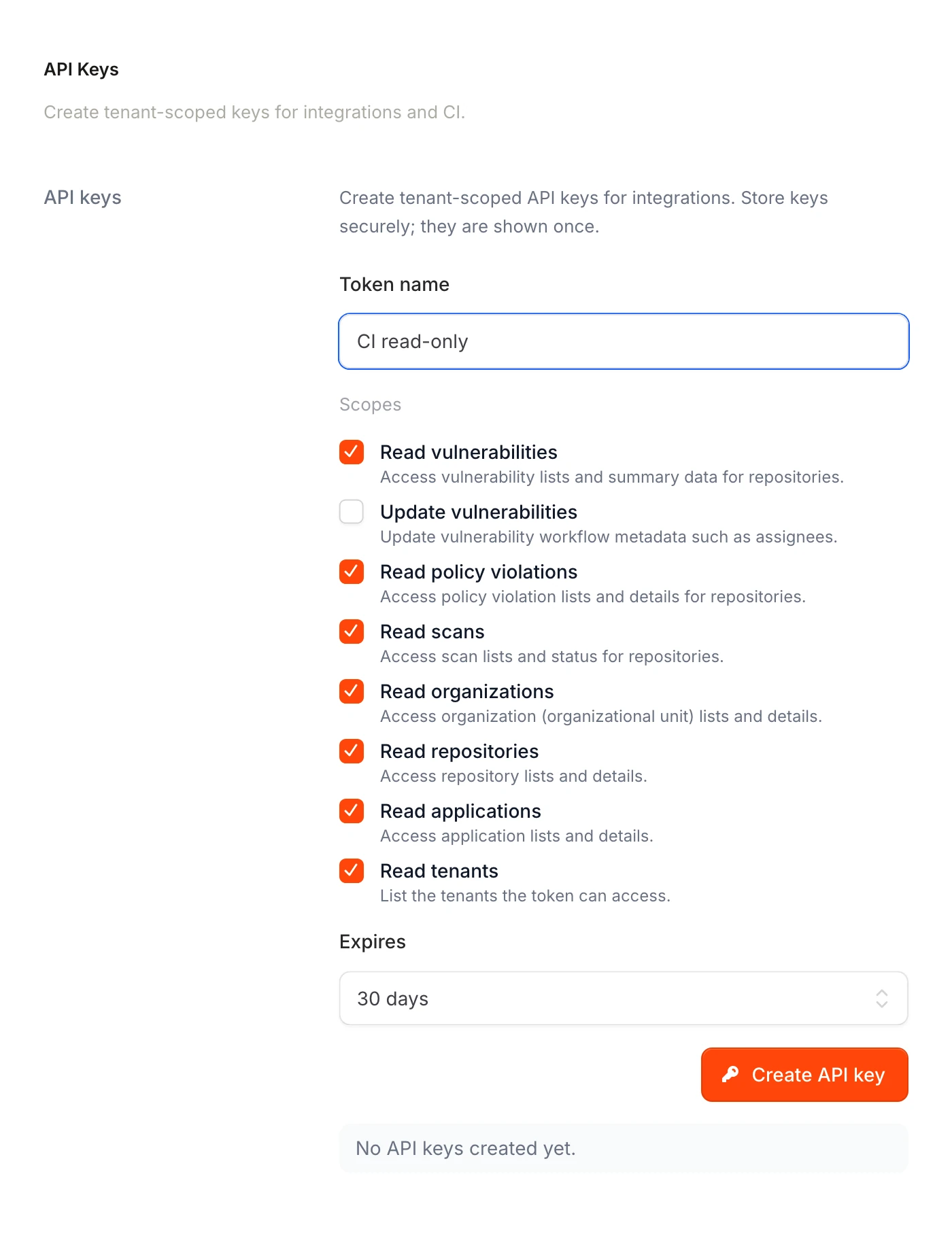 Workspace security settings showing the API keys section.