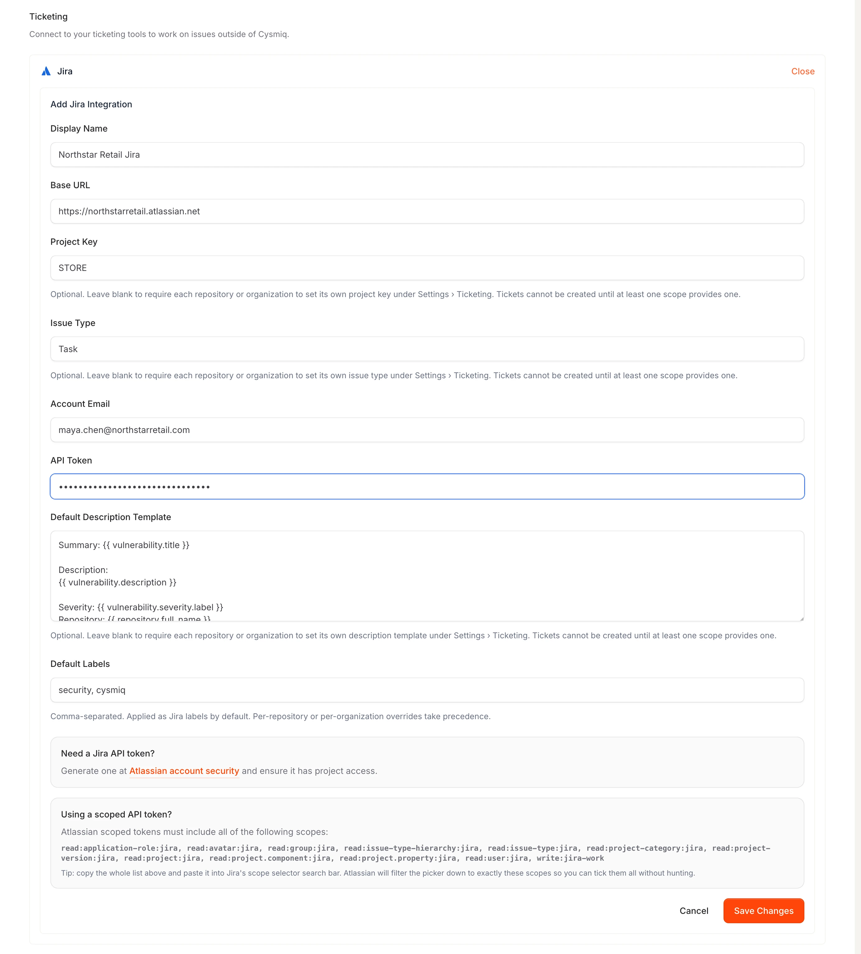 Jira setup form completed with display name, base URL, project key, issue type, email, and API token.