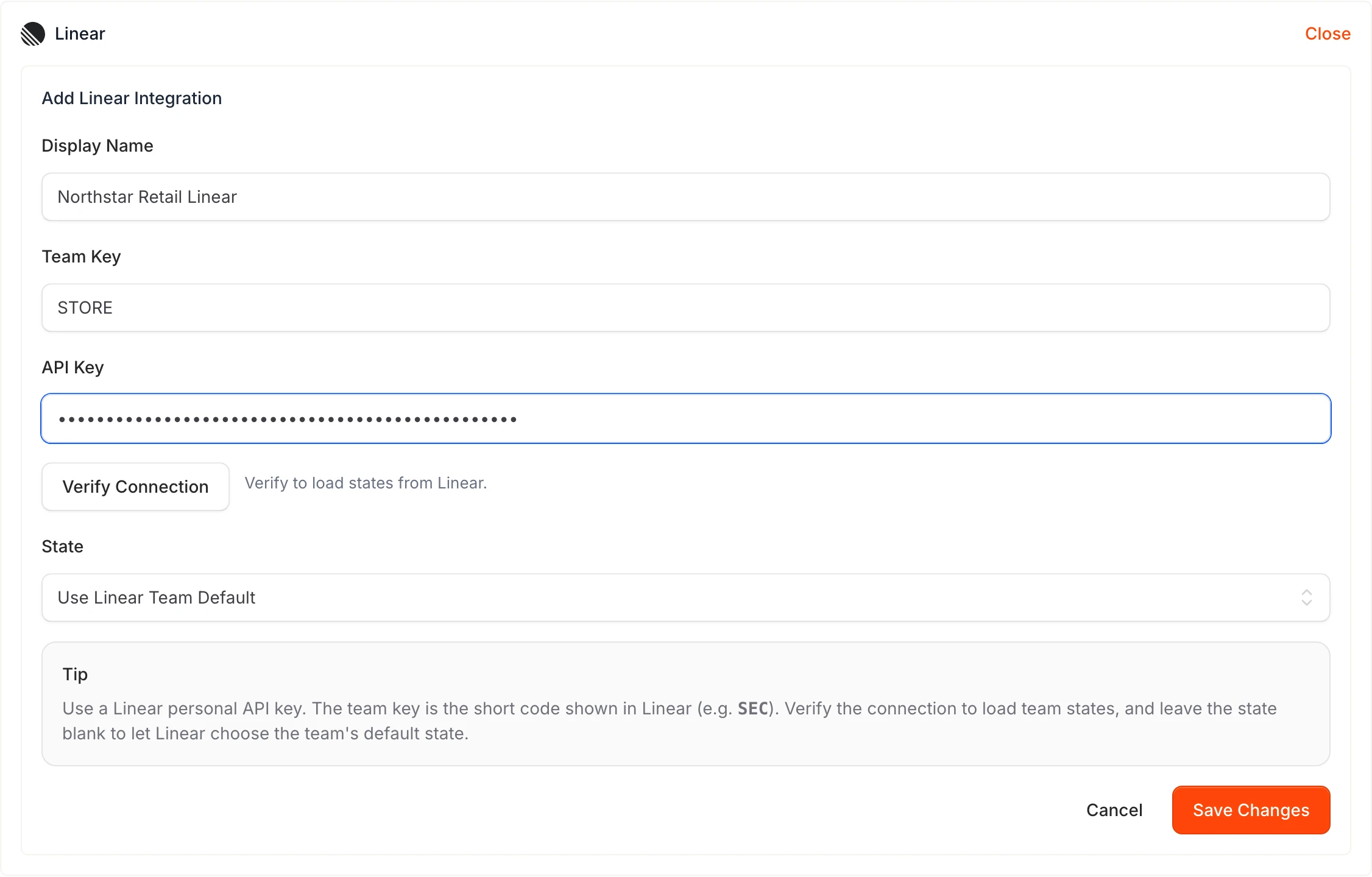 Linear setup form completed with display name, team key, and API key.