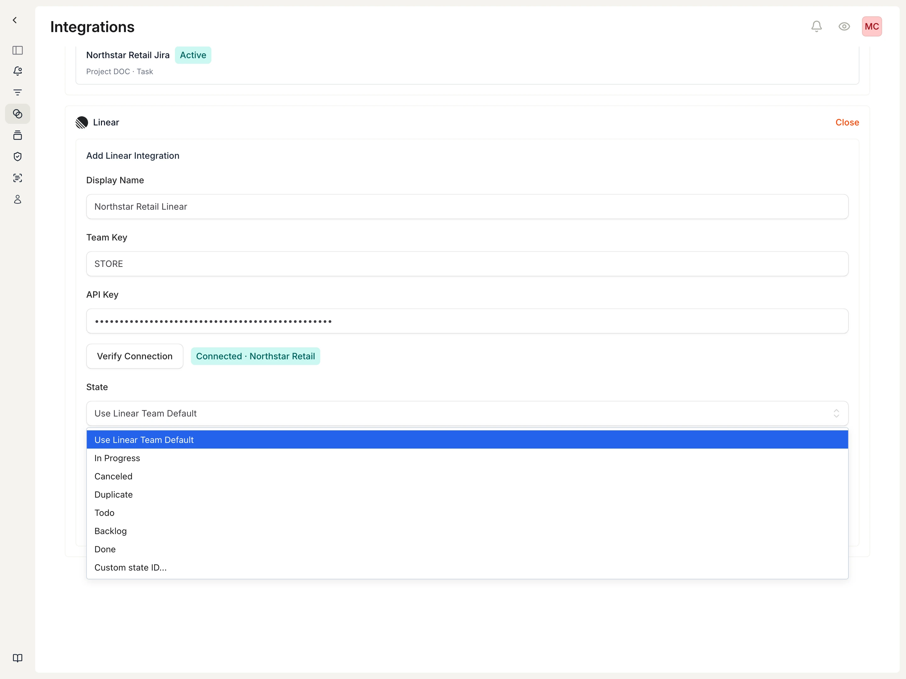 Linear form showing verified connection and dropdown with workflow states like Todo, In Progress, and Done.
