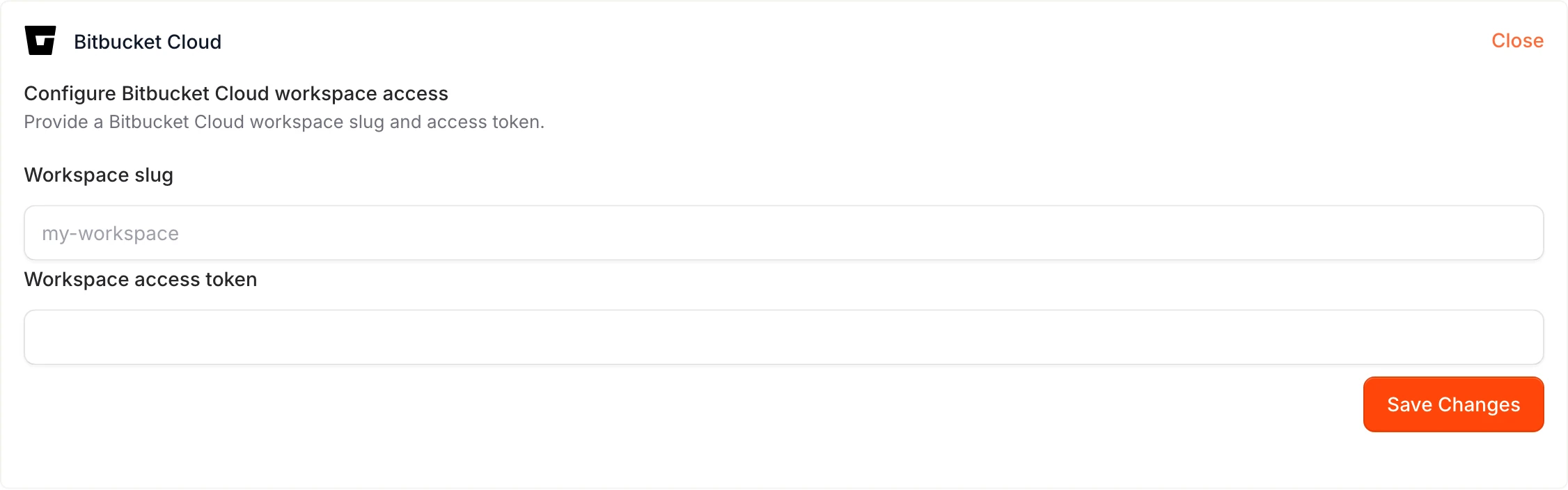 Bitbucket Cloud setup form with fields for workspace slug and access token.