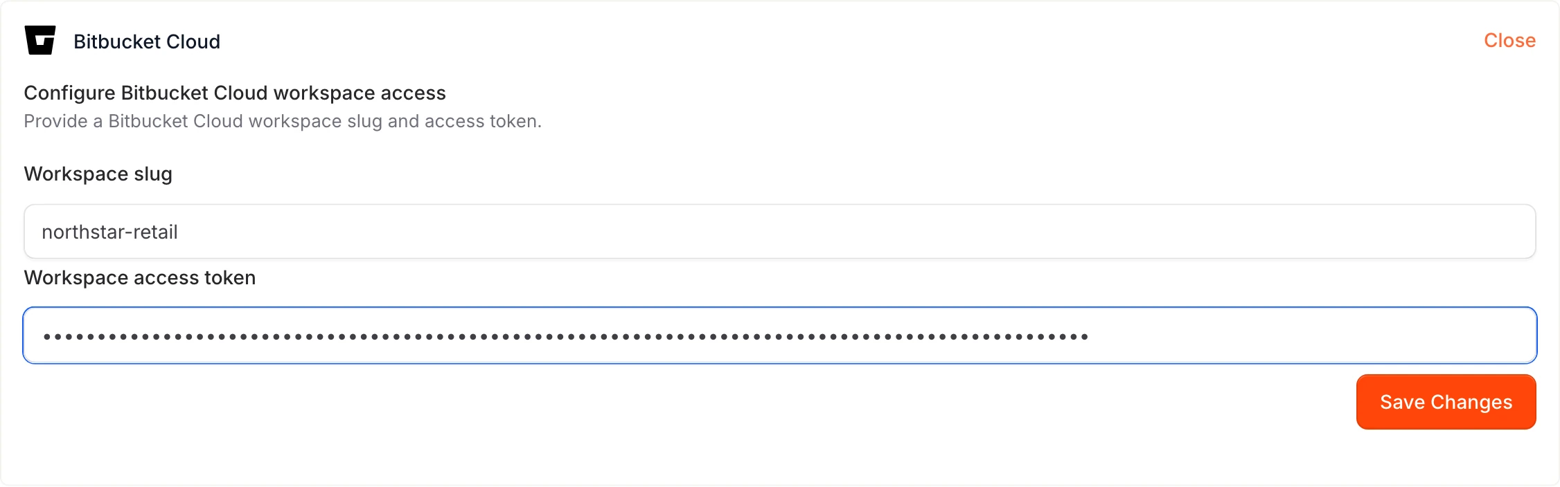 Bitbucket Cloud setup form filled with workspace slug and masked token.