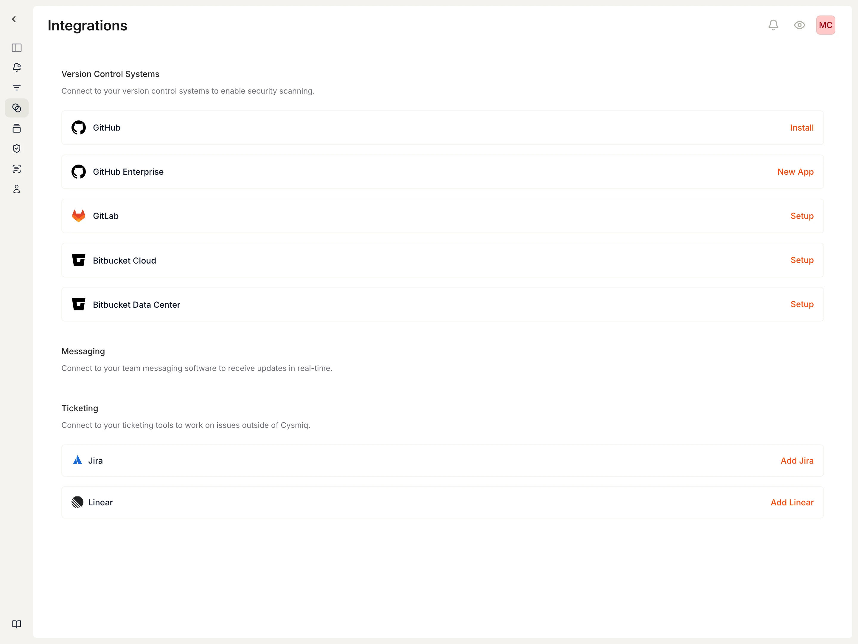 Integrations page showing available version control system options.