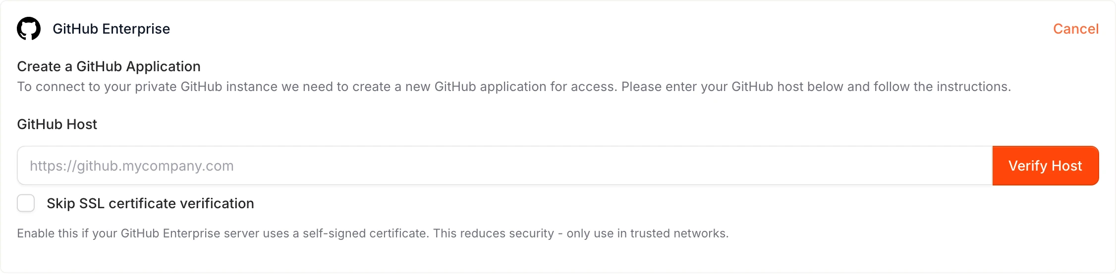 GitHub Enterprise setup form with a field to enter the GitHub host URL.