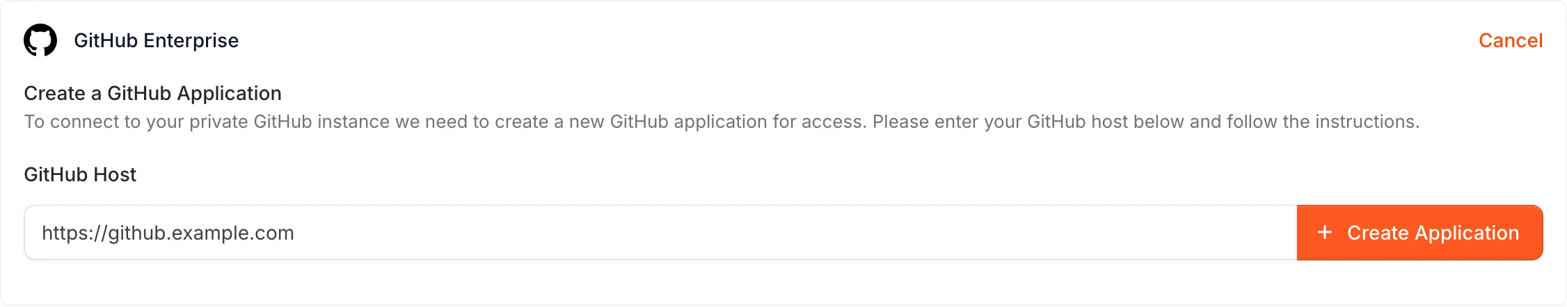 GitHub Enterprise form showing verified host with Create Application button.