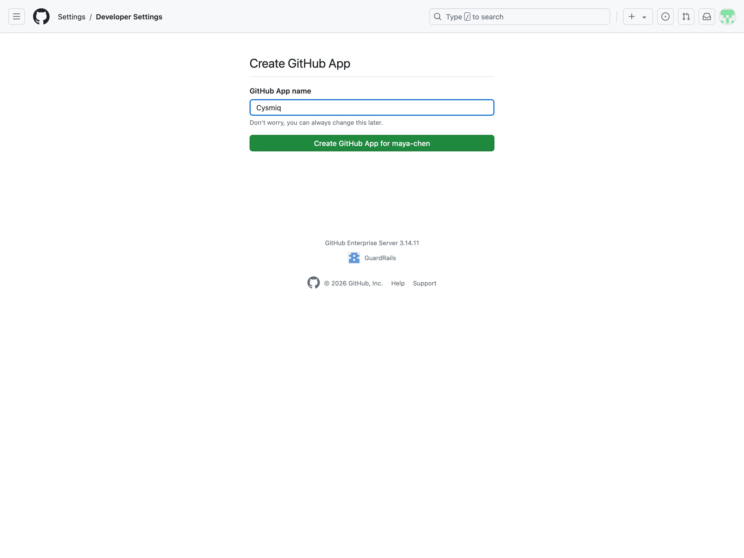 GitHub Enterprise page to confirm the Cysmiq app name.