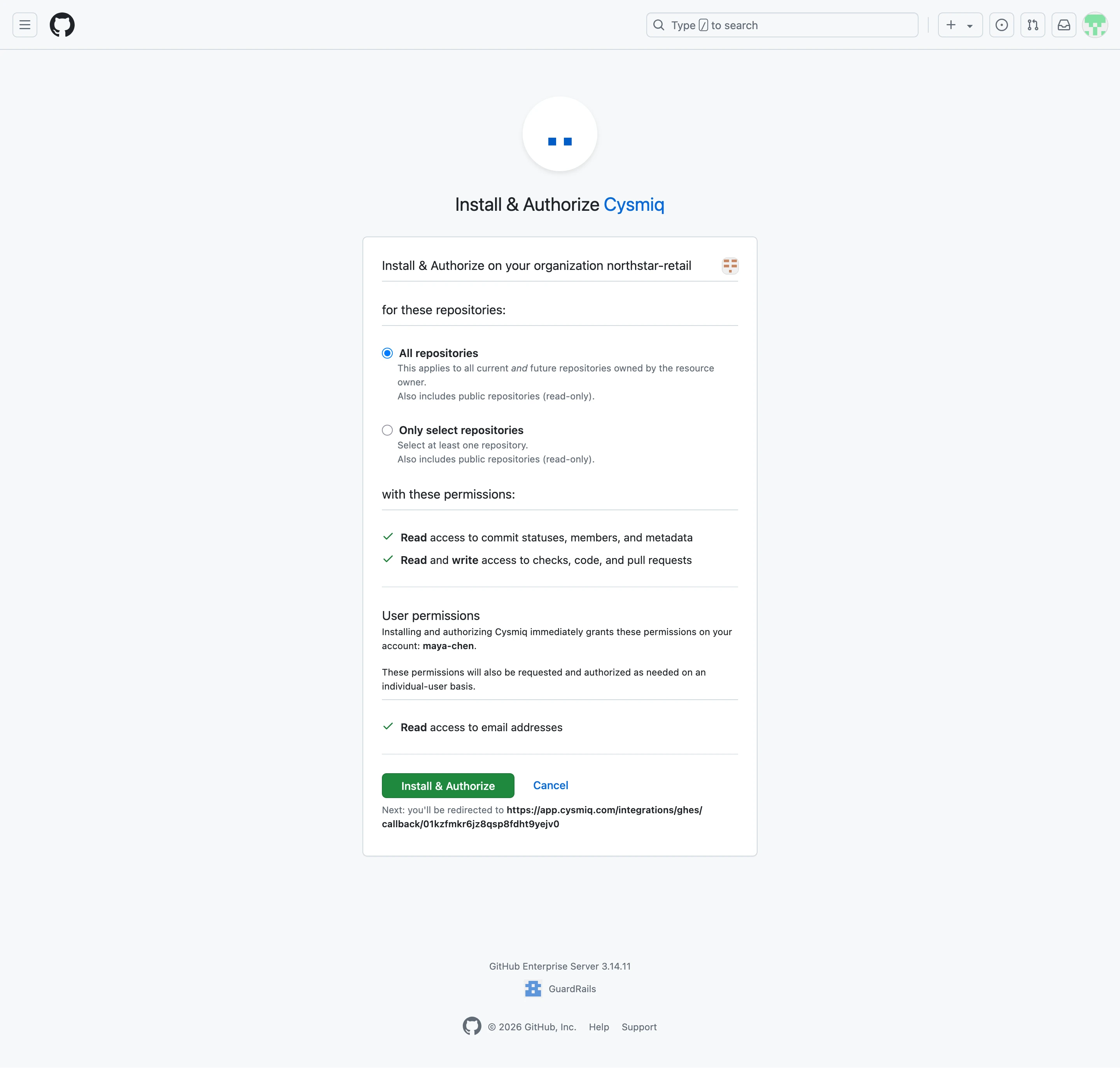 GitHub permissions page showing repository and user access being requested.