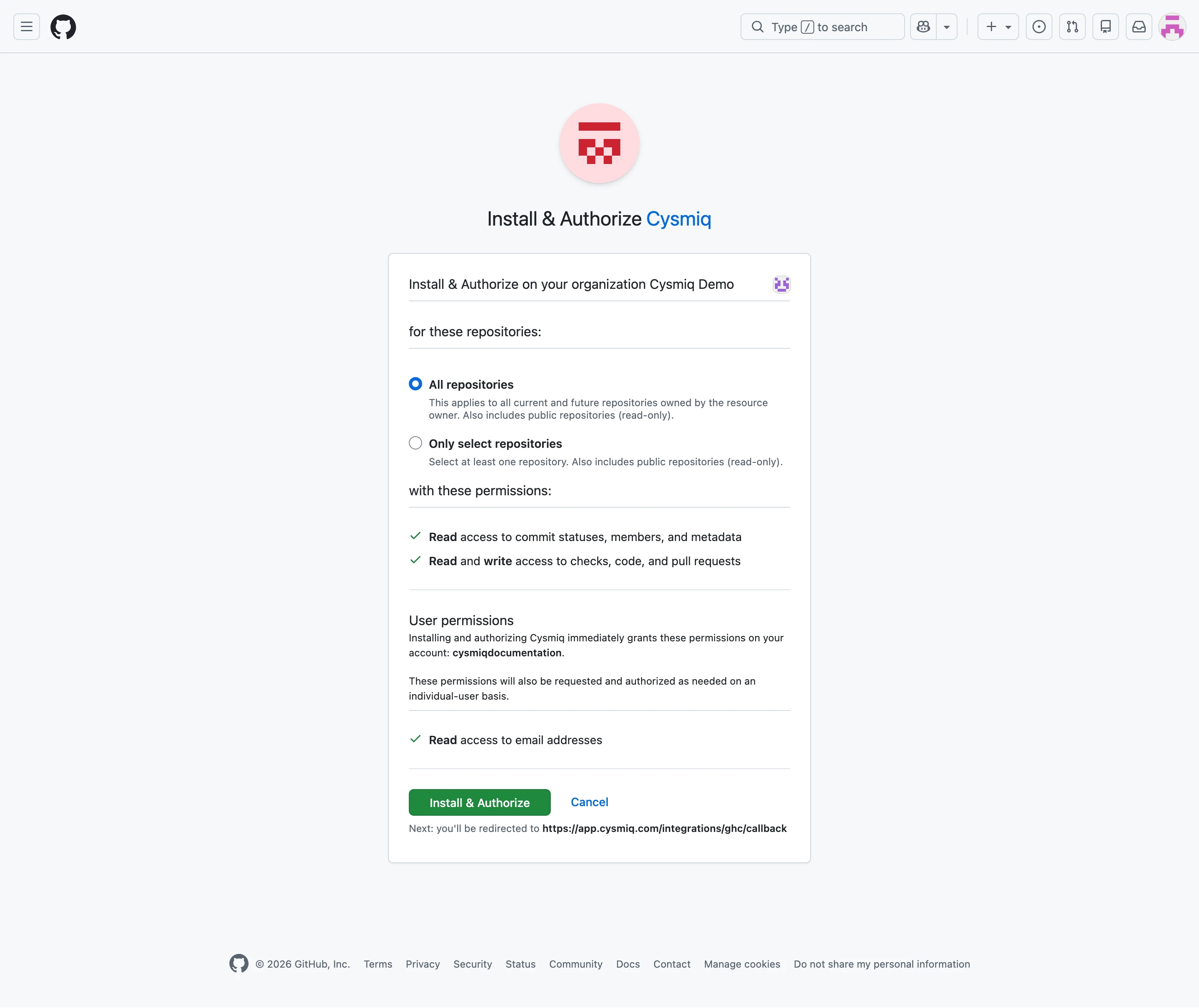 GitHub app authorization page with repository access options and permissions list.