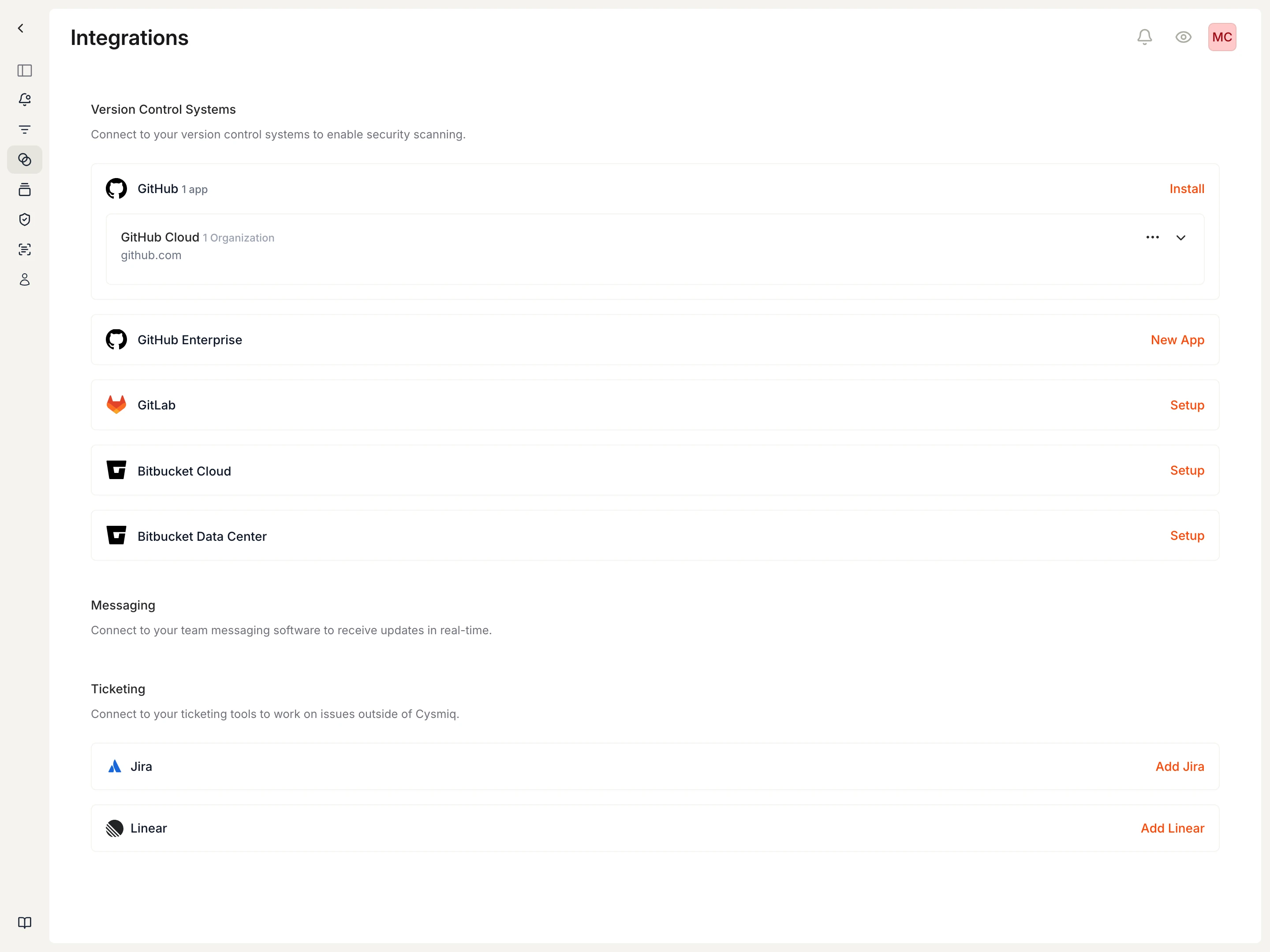 Integrations page showing GitHub connected for an organization.