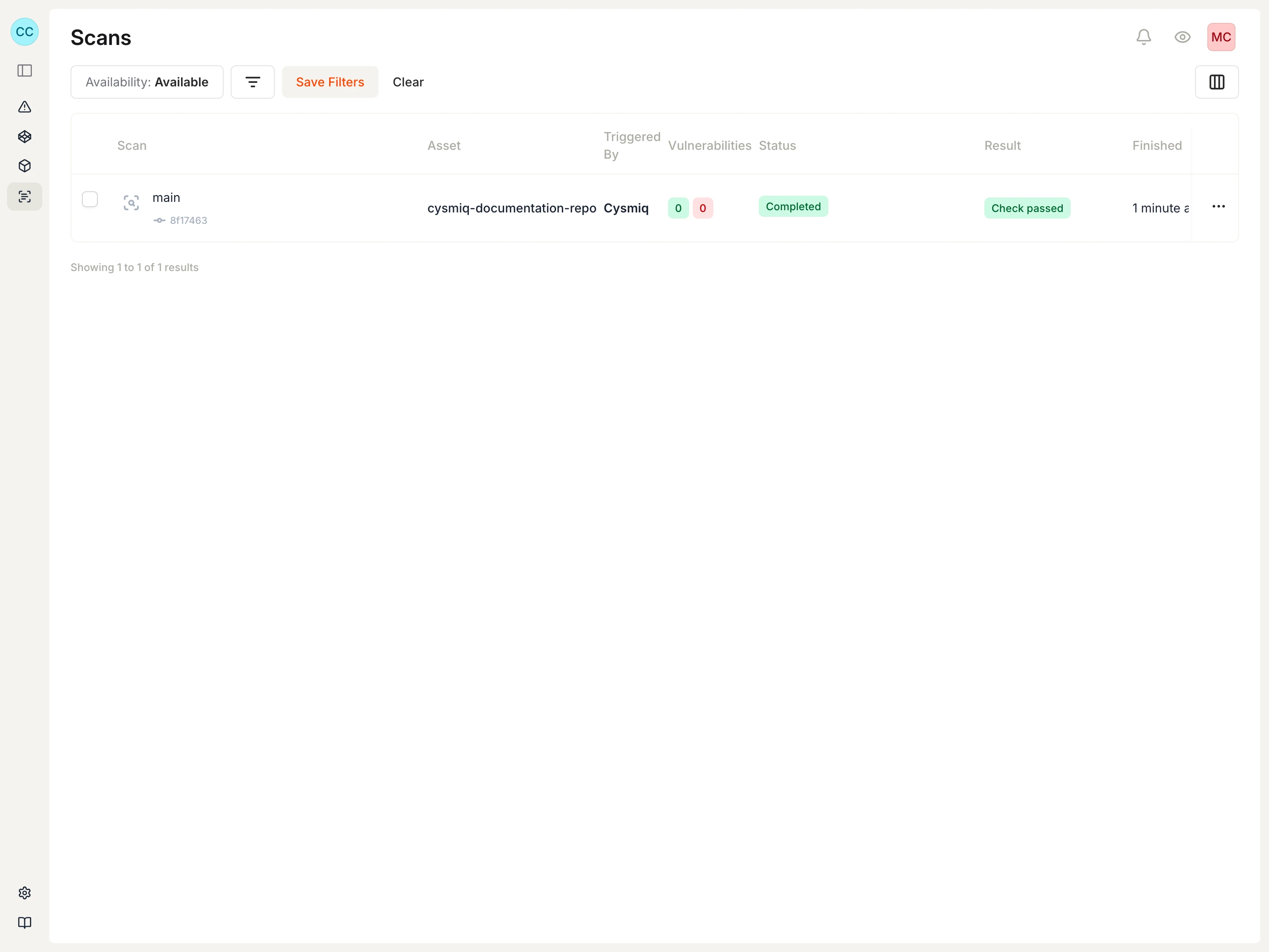 Scans list showing a scan for a repository from the connected GitHub organization.