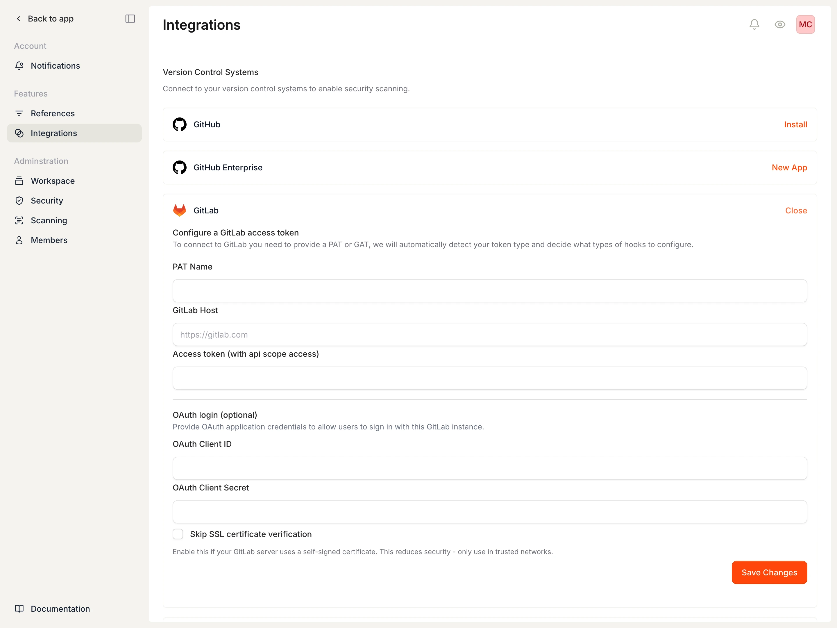 GitLab setup form in Cysmiq with fields for token name, host, and access token.