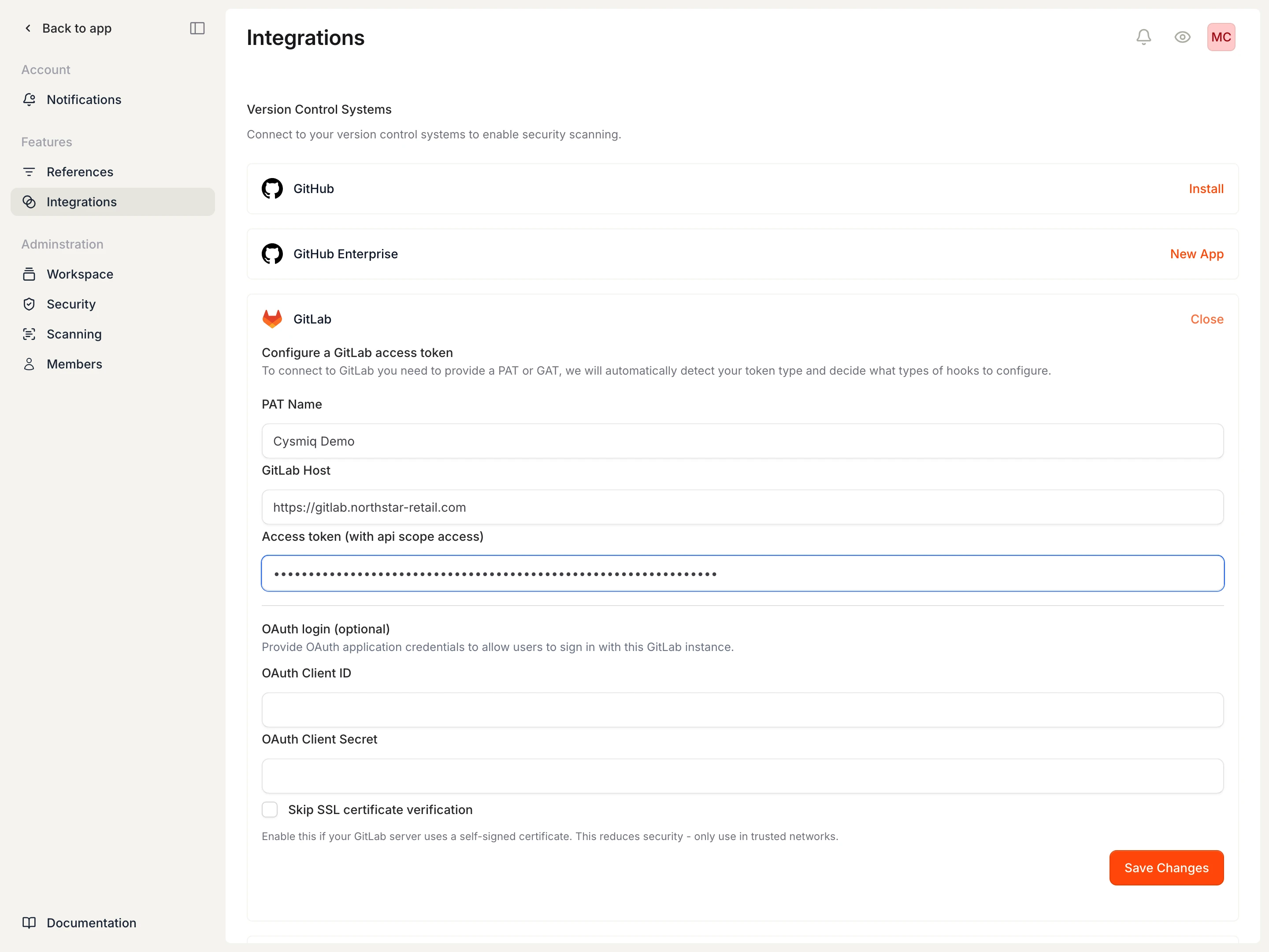 GitLab setup form filled with a token and host.