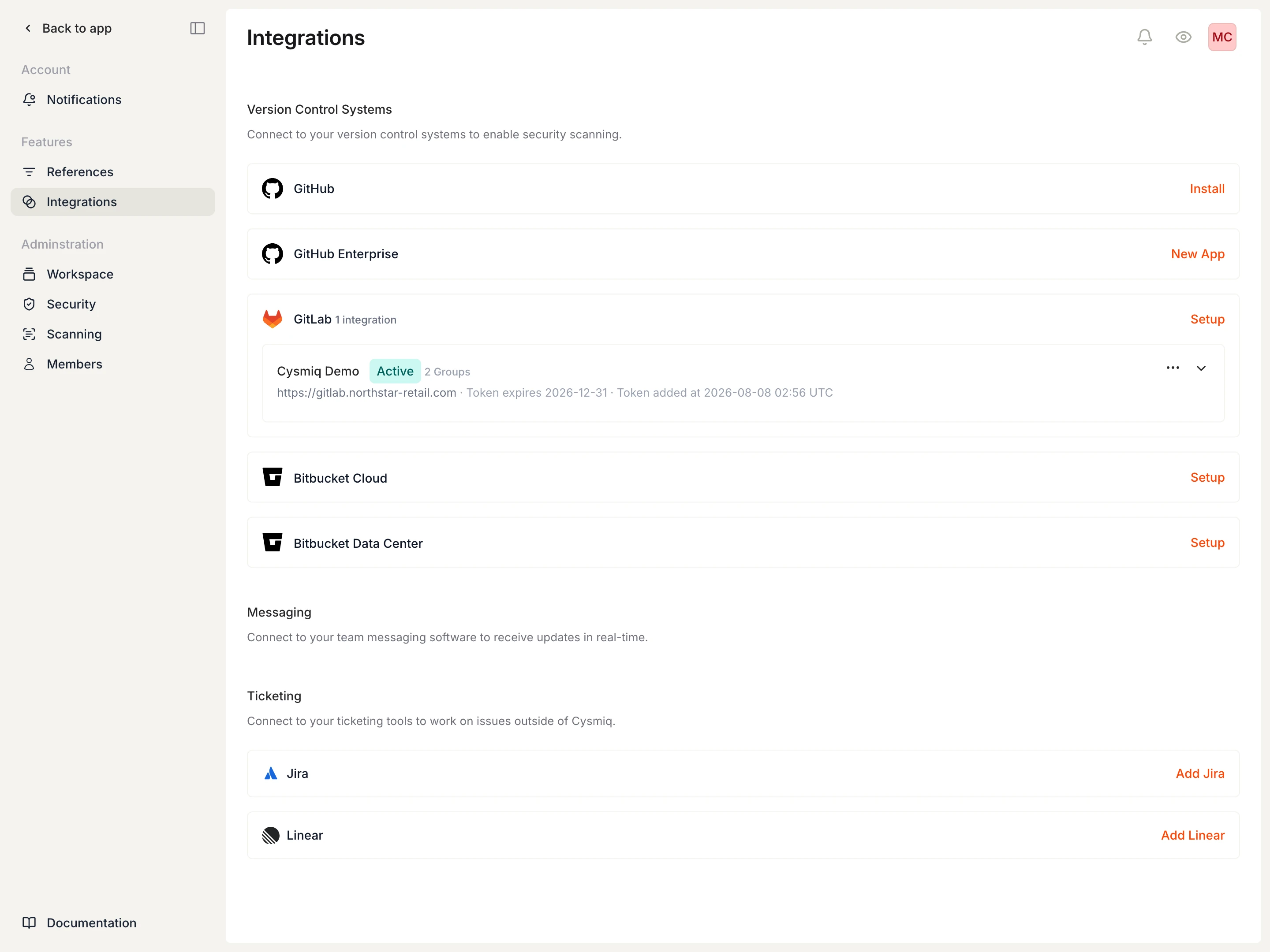Integrations page showing a GitLab connection.