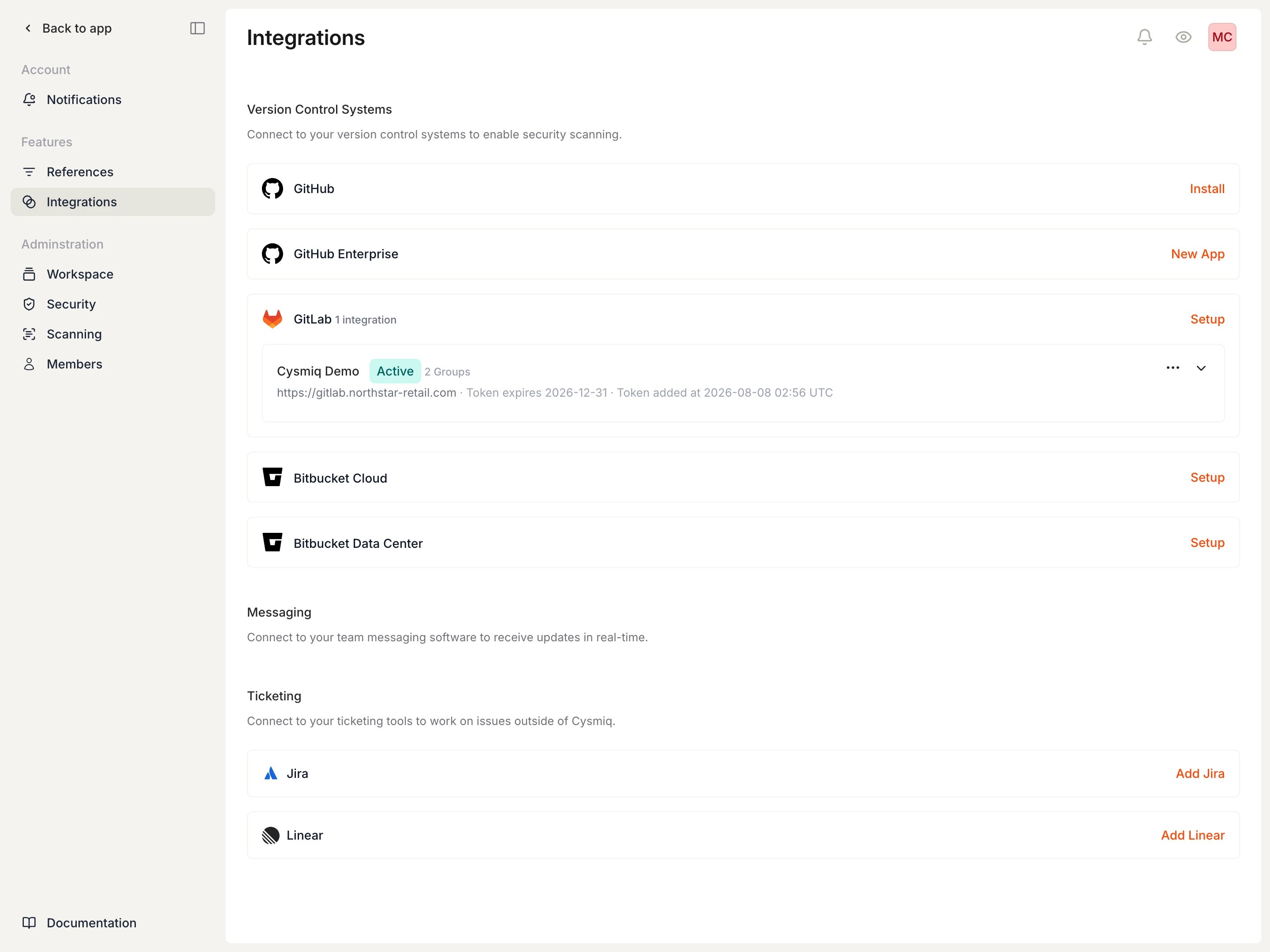 Integrations page showing a connected GitLab provider.