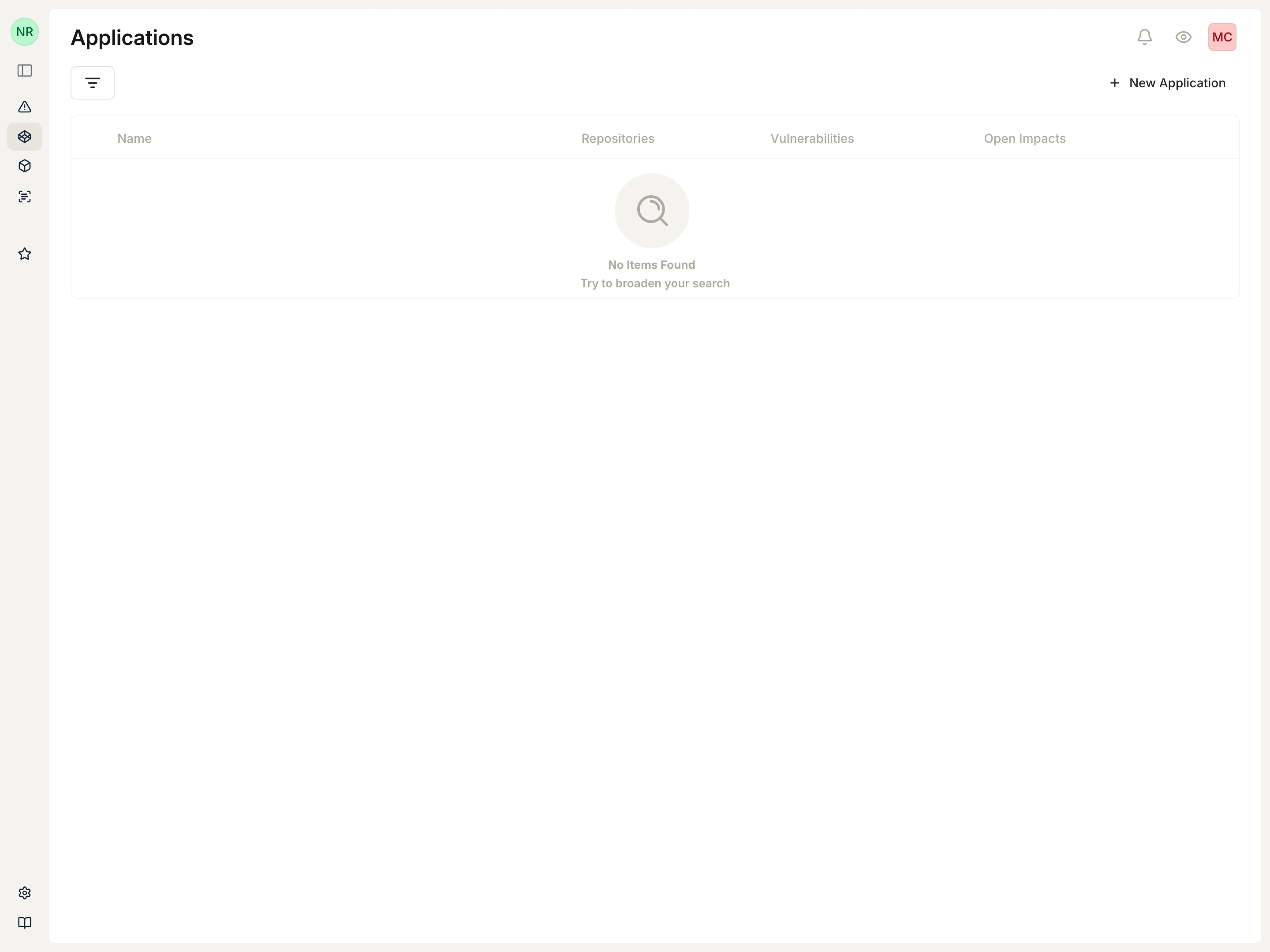 Applications page with New Application button.