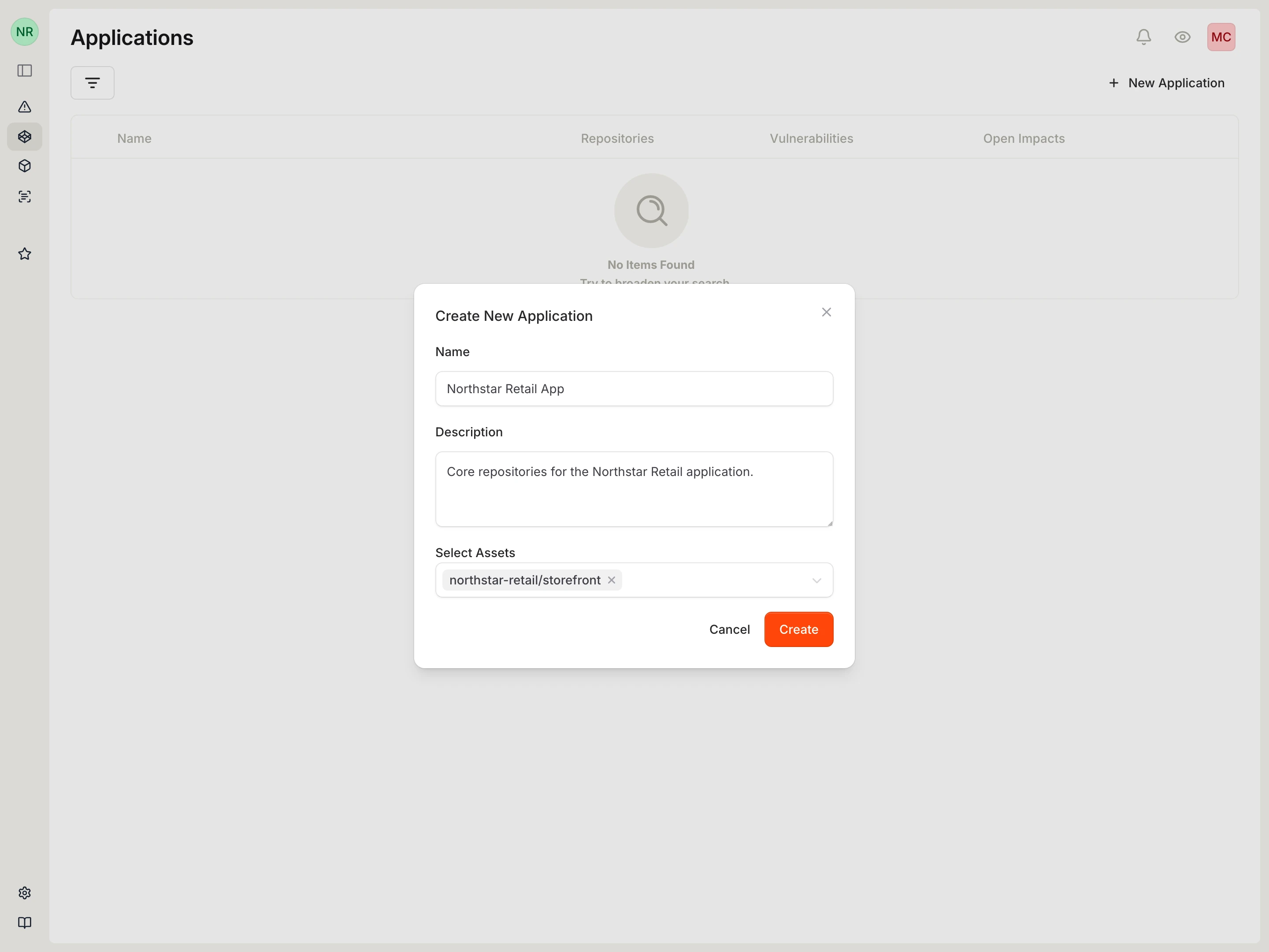 Create New Application form with name, description, and assets selected.