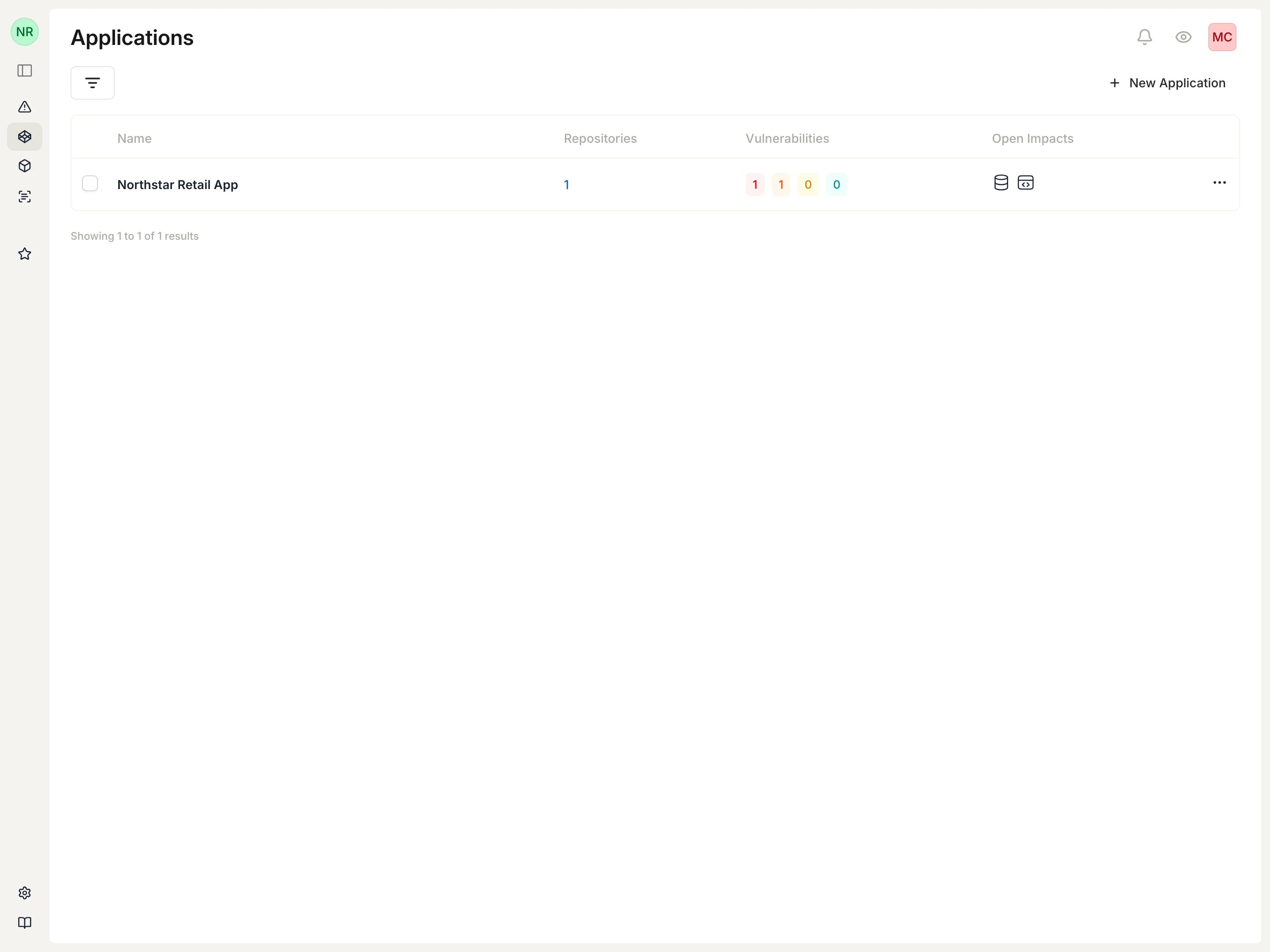Applications list with a newly created application.