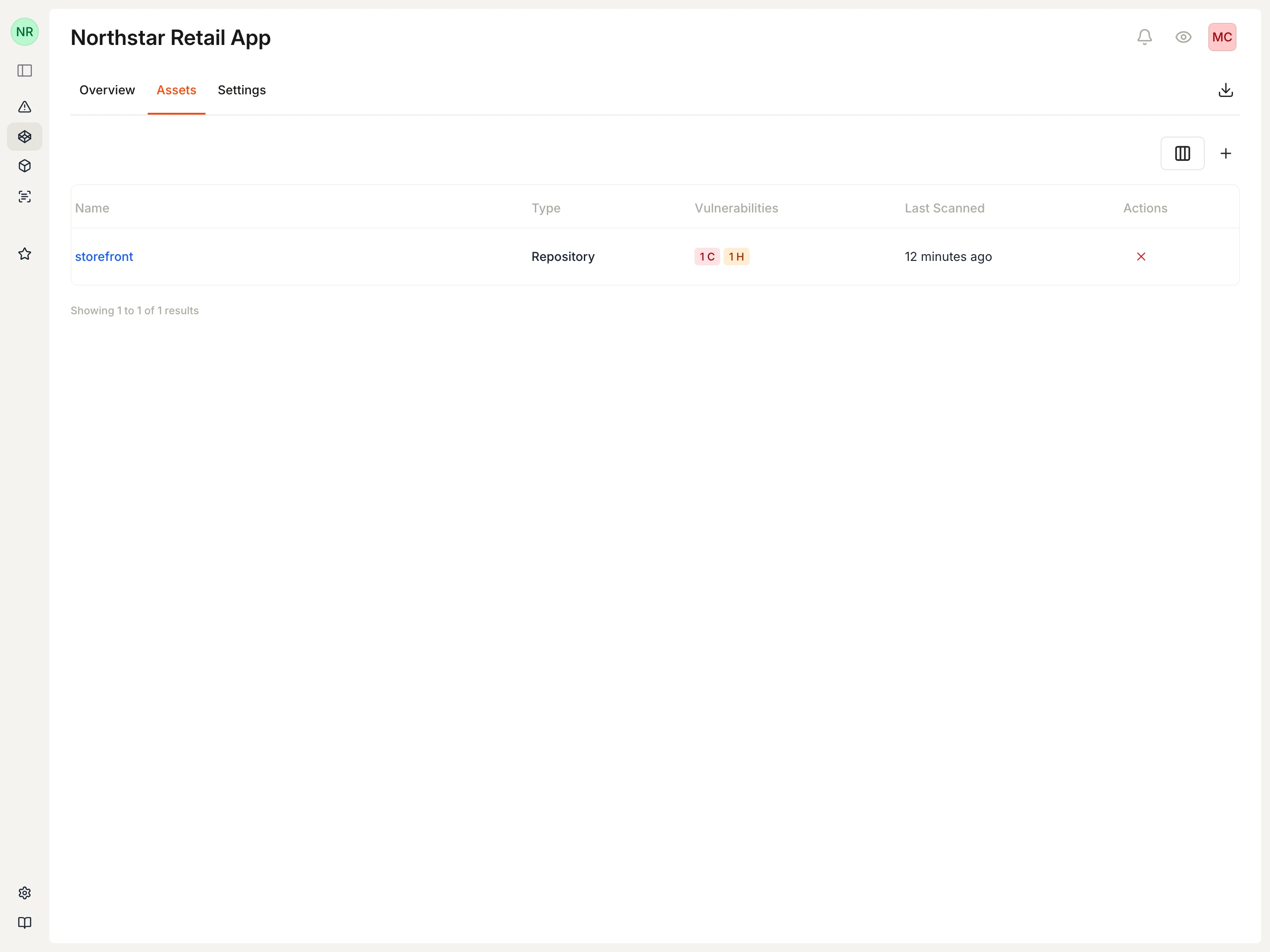 Assets tab showing linked repositories with vulnerability counts.