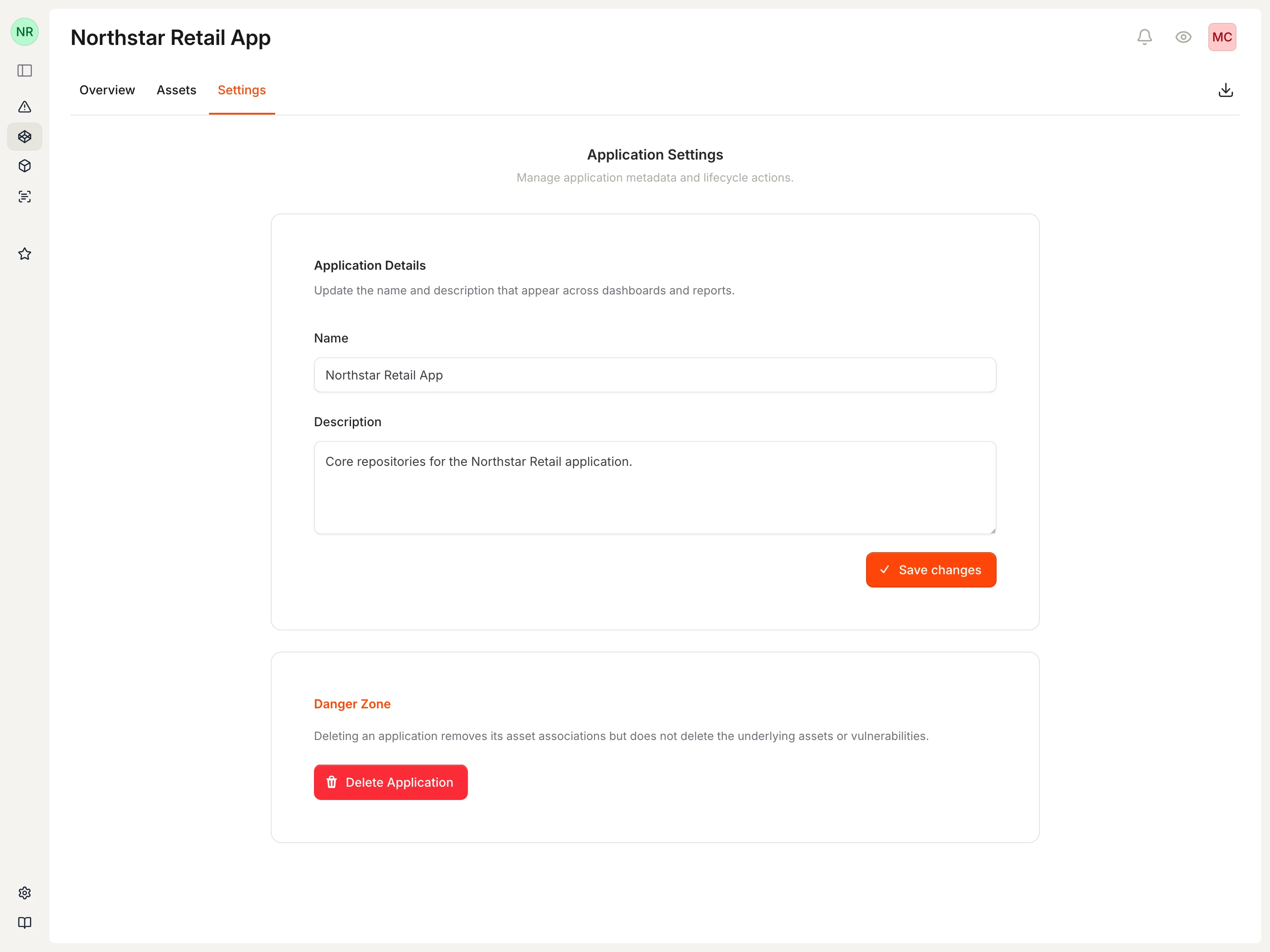 Application settings showing name, description fields and delete option.
