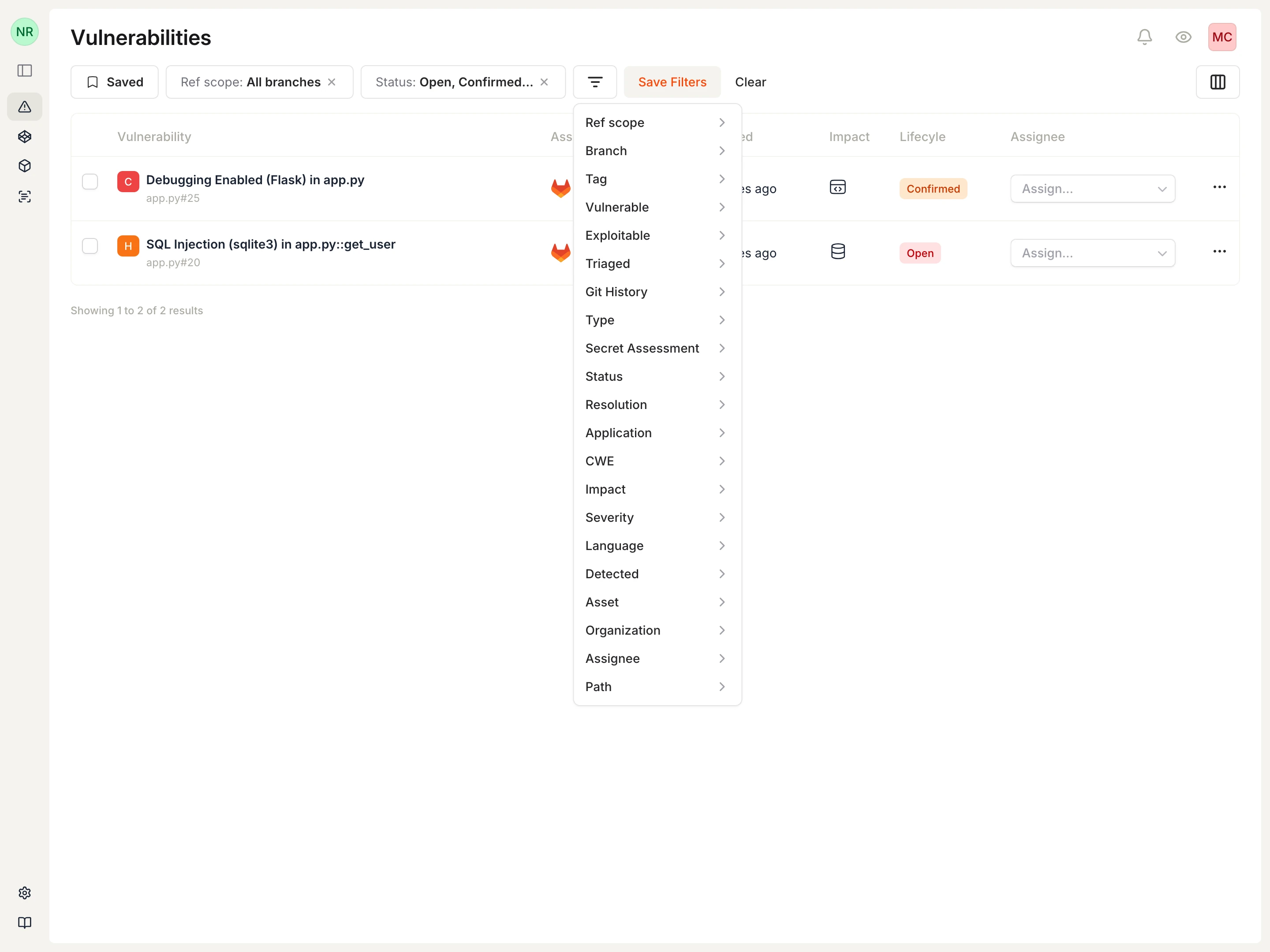 Filter menu showing available filter options including CWE, Organization, Severity, and more.