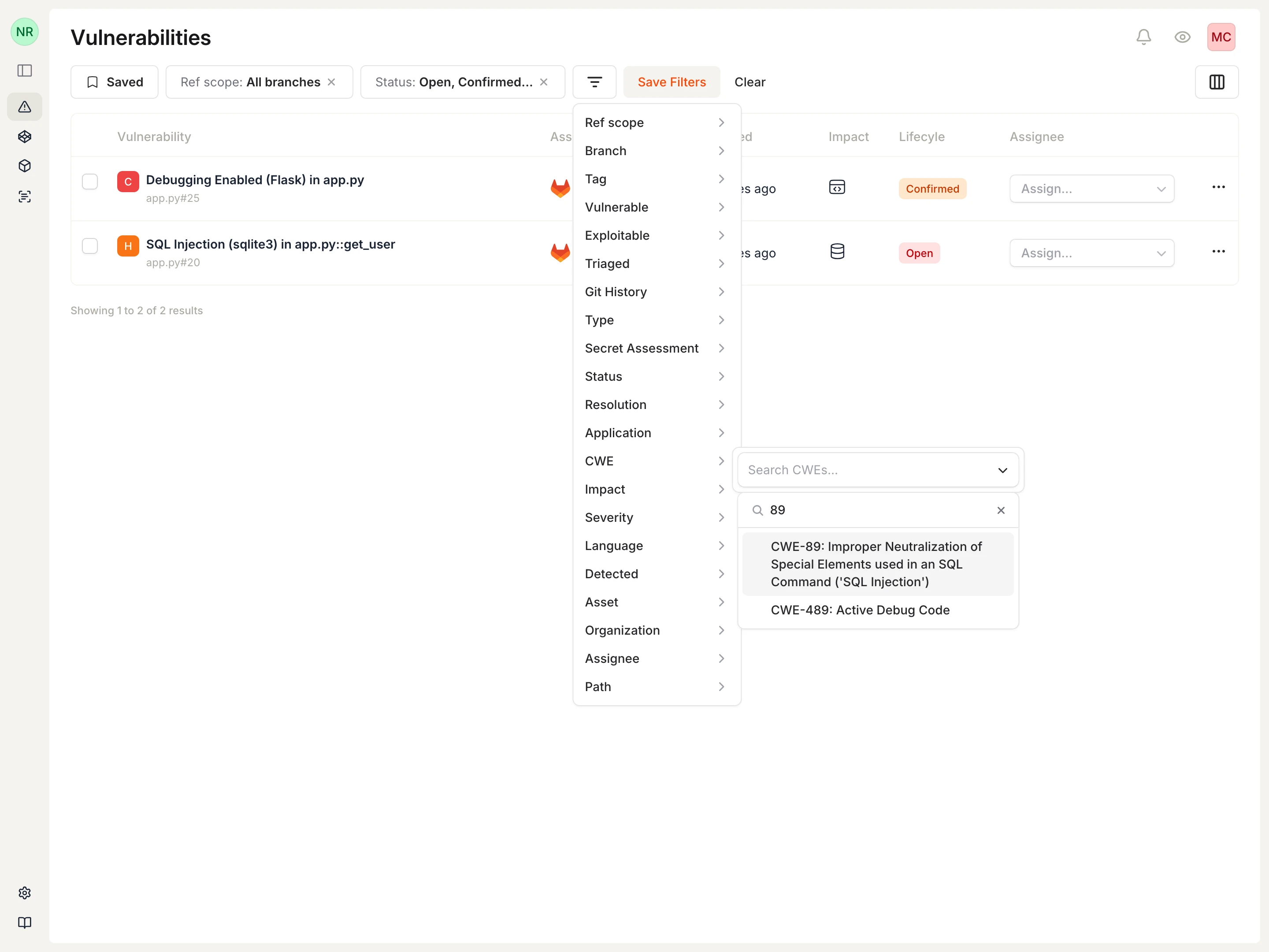 CWE filter dropdown with search showing CWE-89 SQL Injection option.