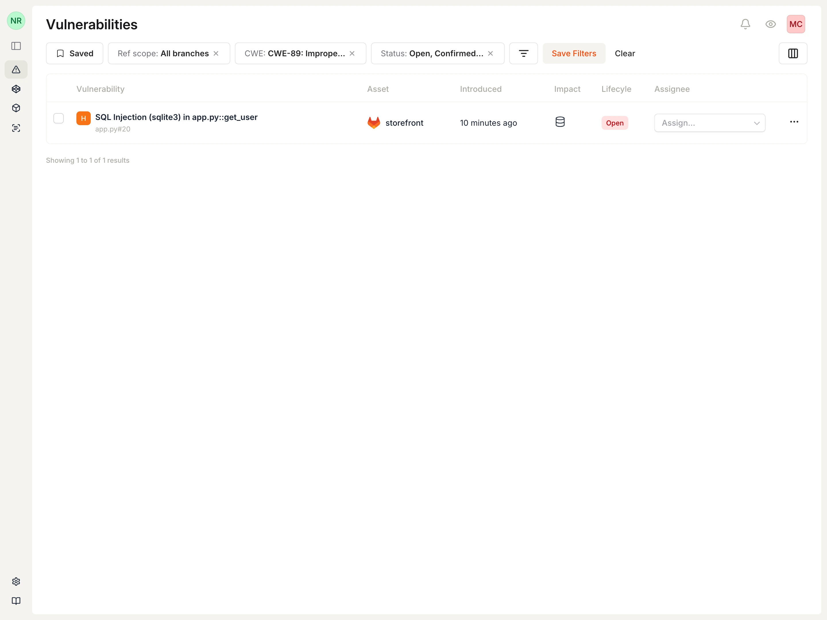 Vulnerability list filtered to show SQL Injection vulnerabilities with filter pills visible.