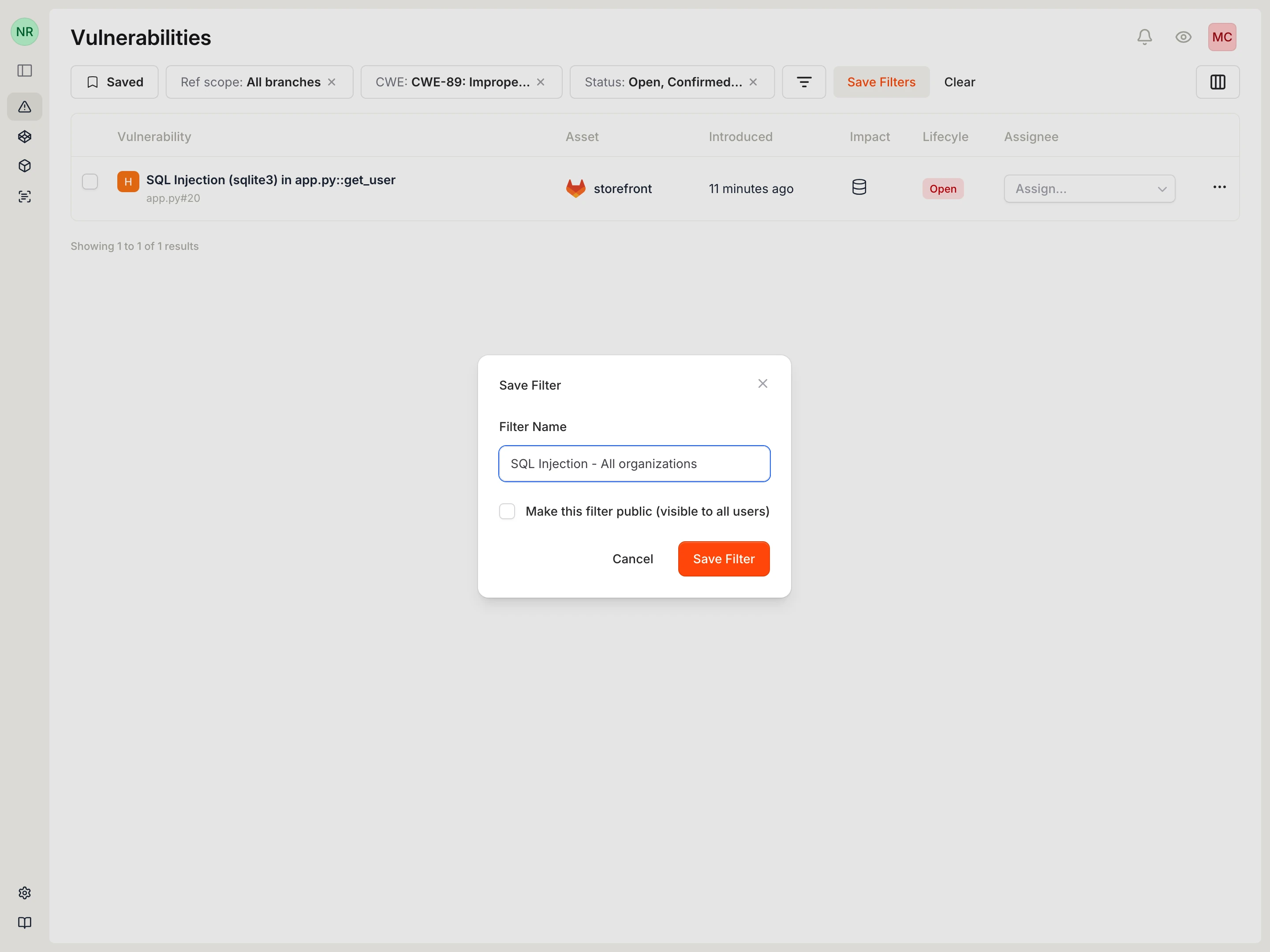 Save Filter dialog with a text field for filter name and checkbox for making it public.