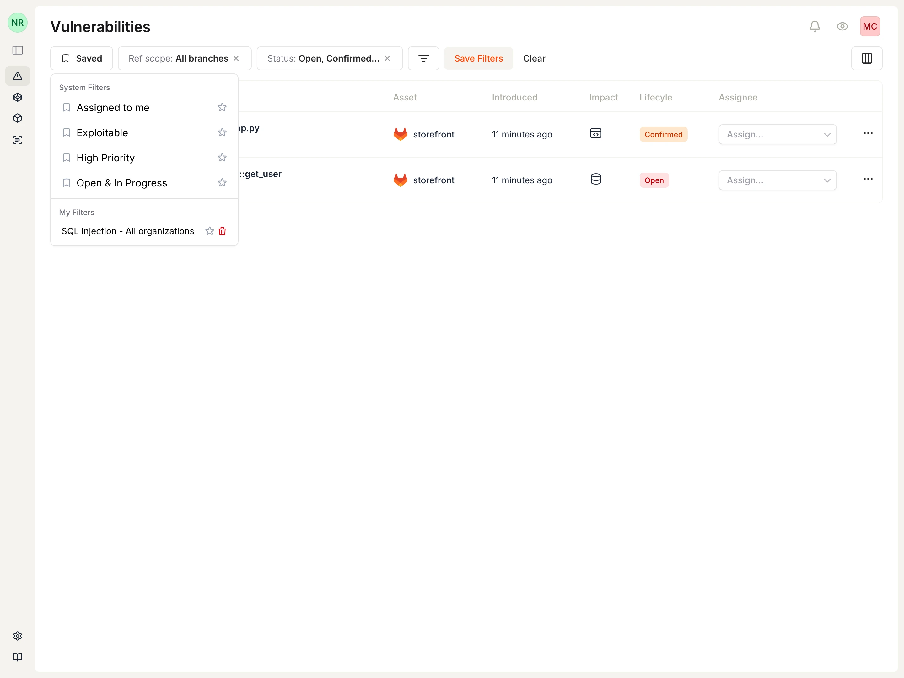 Saved filters dropdown showing System Filters section with Assigned to me, Exploitable, High Priority, and Open and In Progress, plus My Filters section with custom SQL Injection filter.