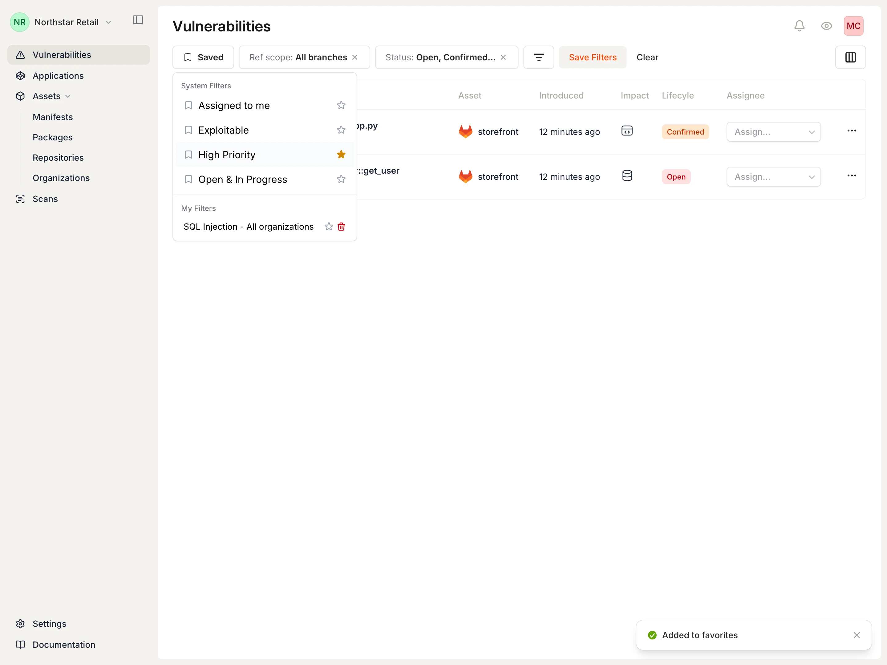 Saved filters panel with High Priority filter showing a filled star, and the sidebar showing the Favorites section with the same filter for quick access.