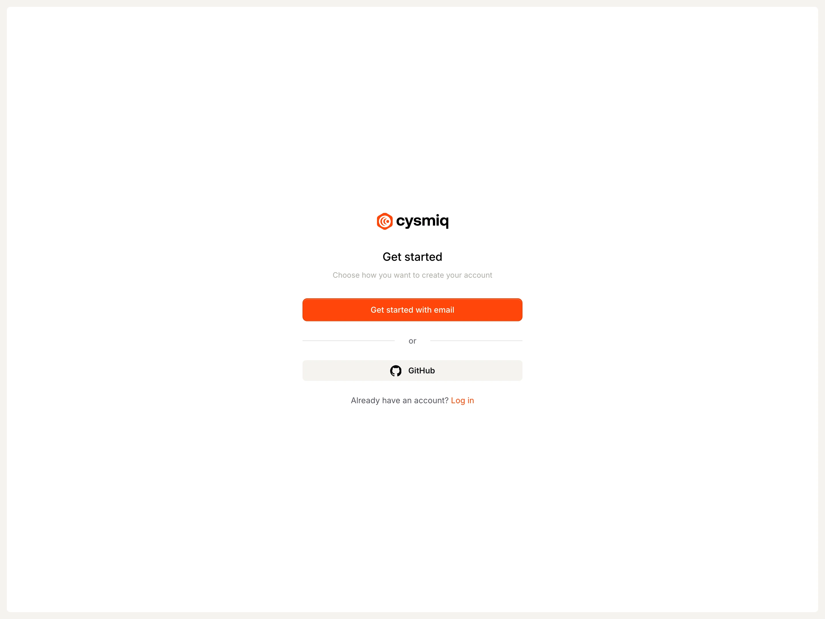 Get started page with email and GitHub options.