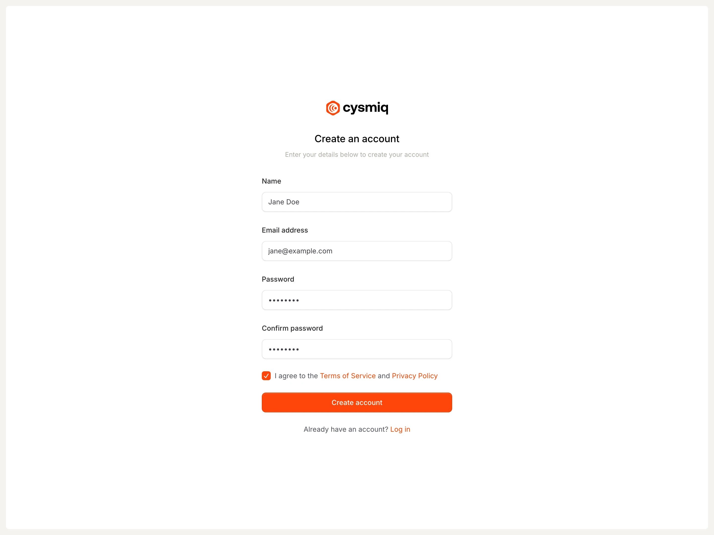 Create account form filled with a name, email address, and password.