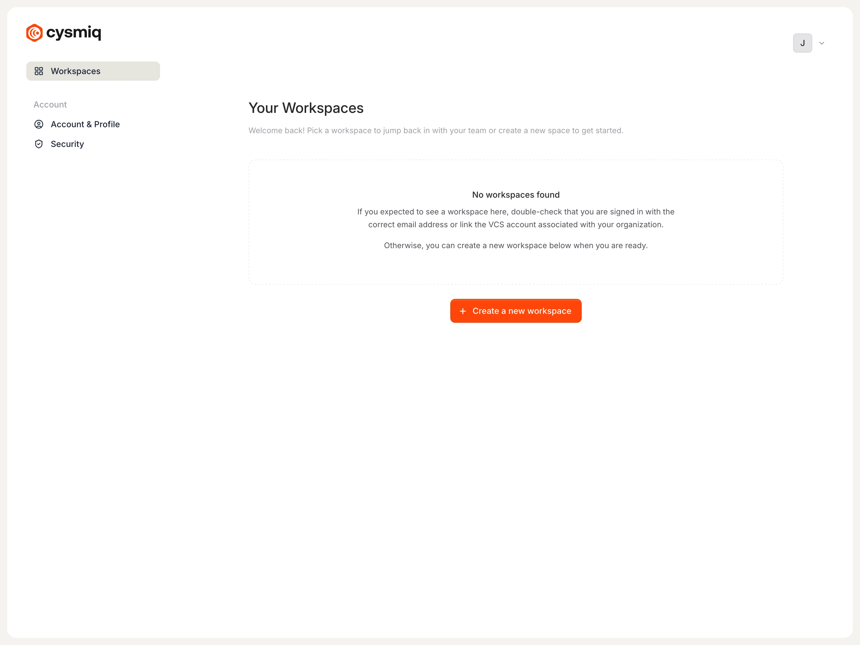 Empty Workspaces page with a button to create a new workspace.