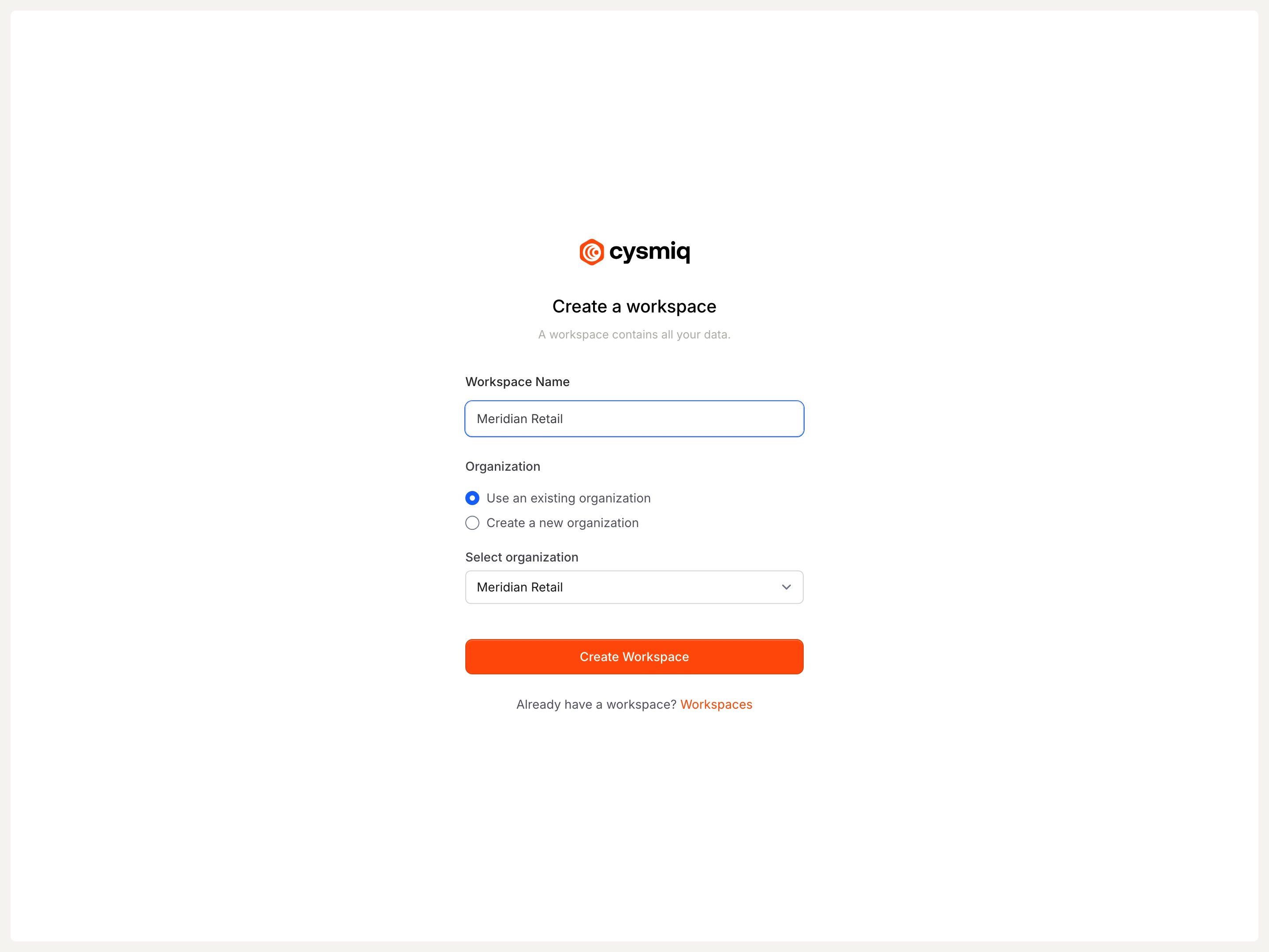 Create workspace form filled with example names.