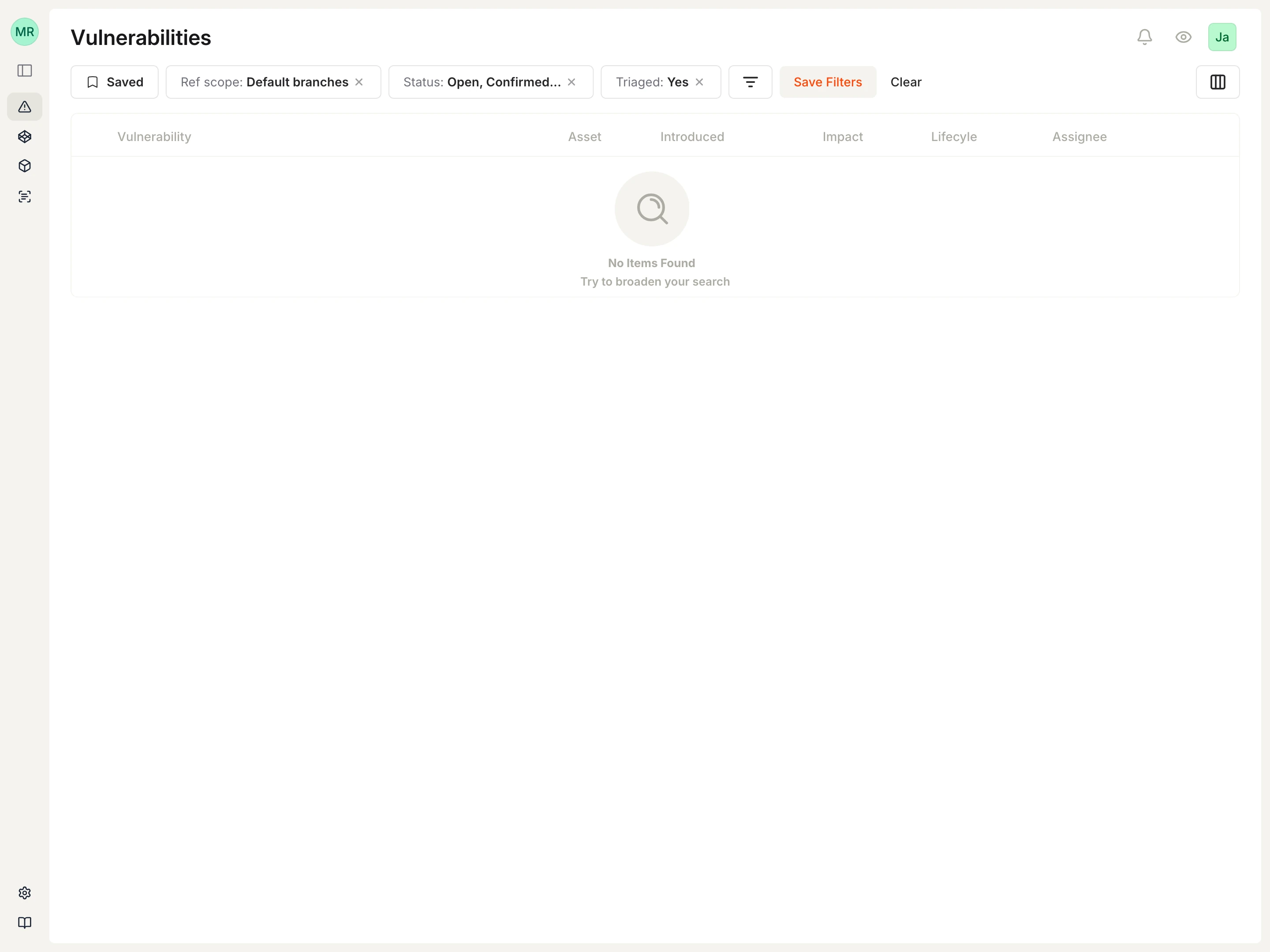 Empty vulnerabilities list with the full navigation sidebar.