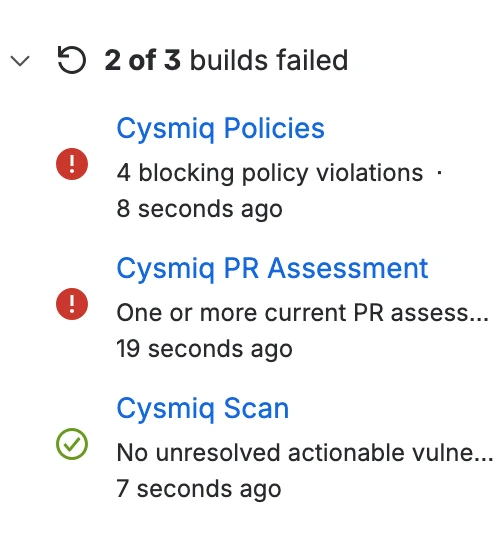 Bitbucket Cloud pull request showing the three Cysmiq build statuses
