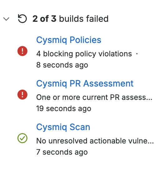 Bitbucket Cloud pull request showing the three Cysmiq build statuses