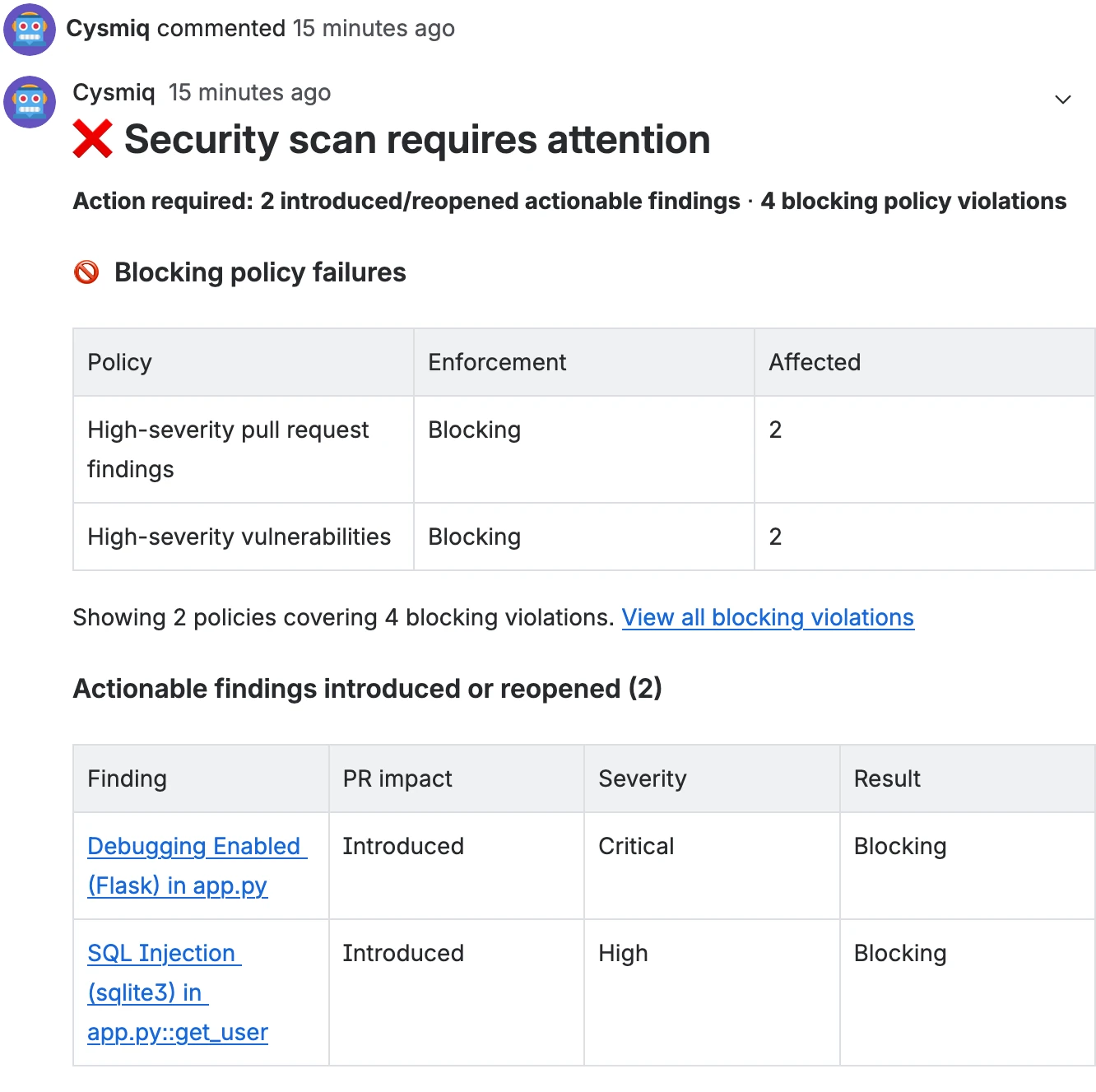 Bitbucket Cloud pull request with a managed Cysmiq security result comment