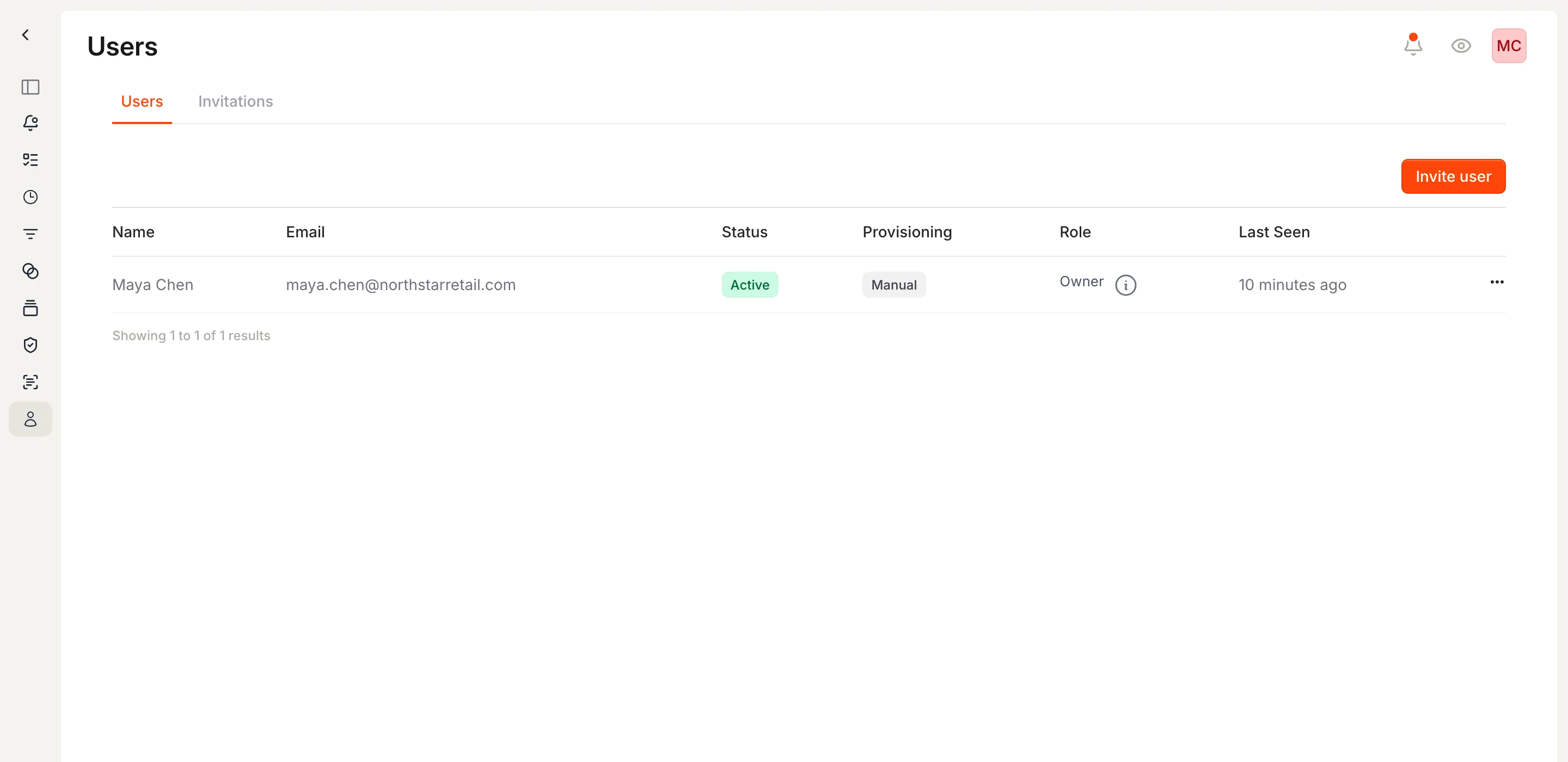 Users page with the Invite user button and member list.