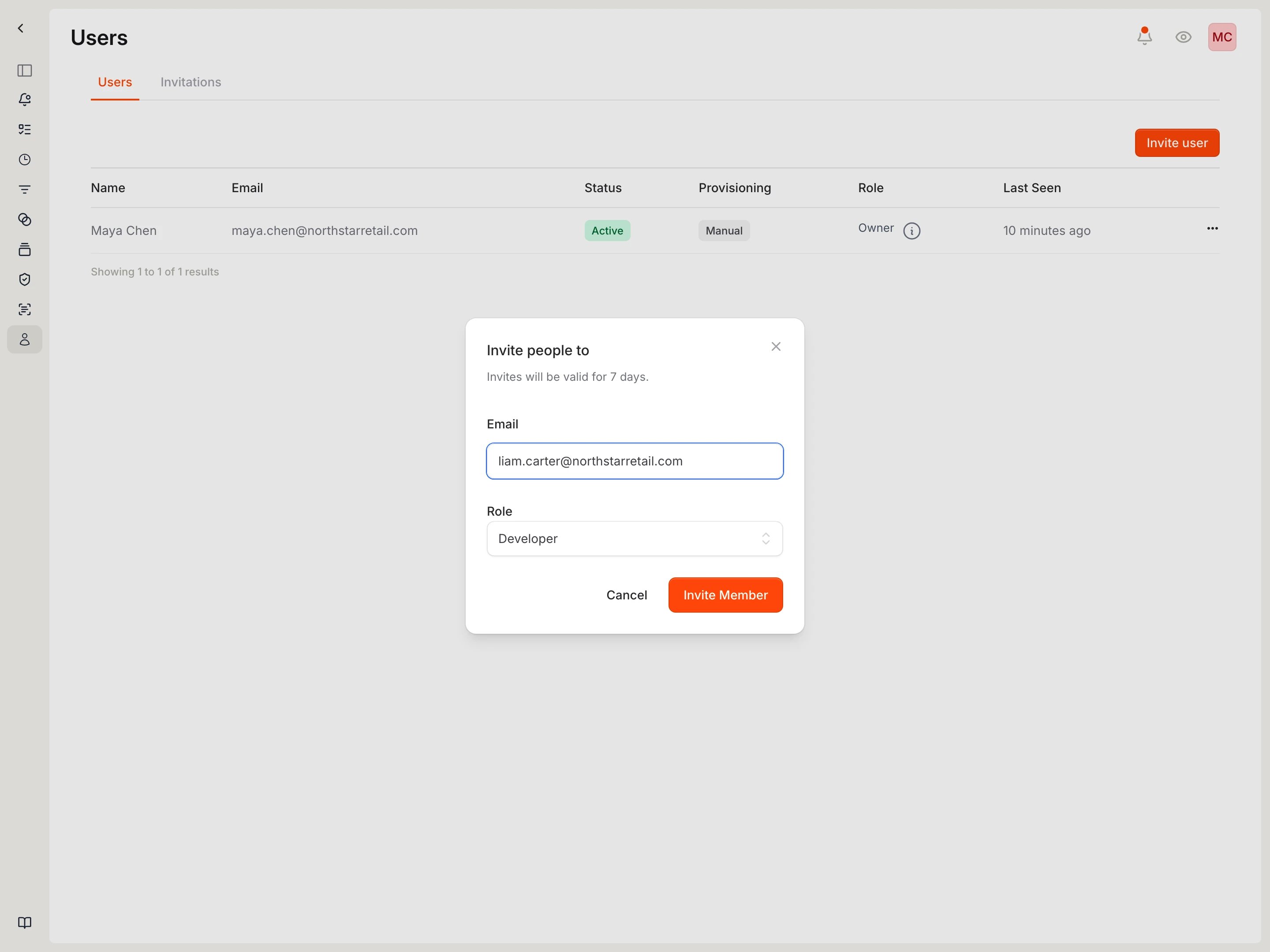 Invite member modal with email and role fields.