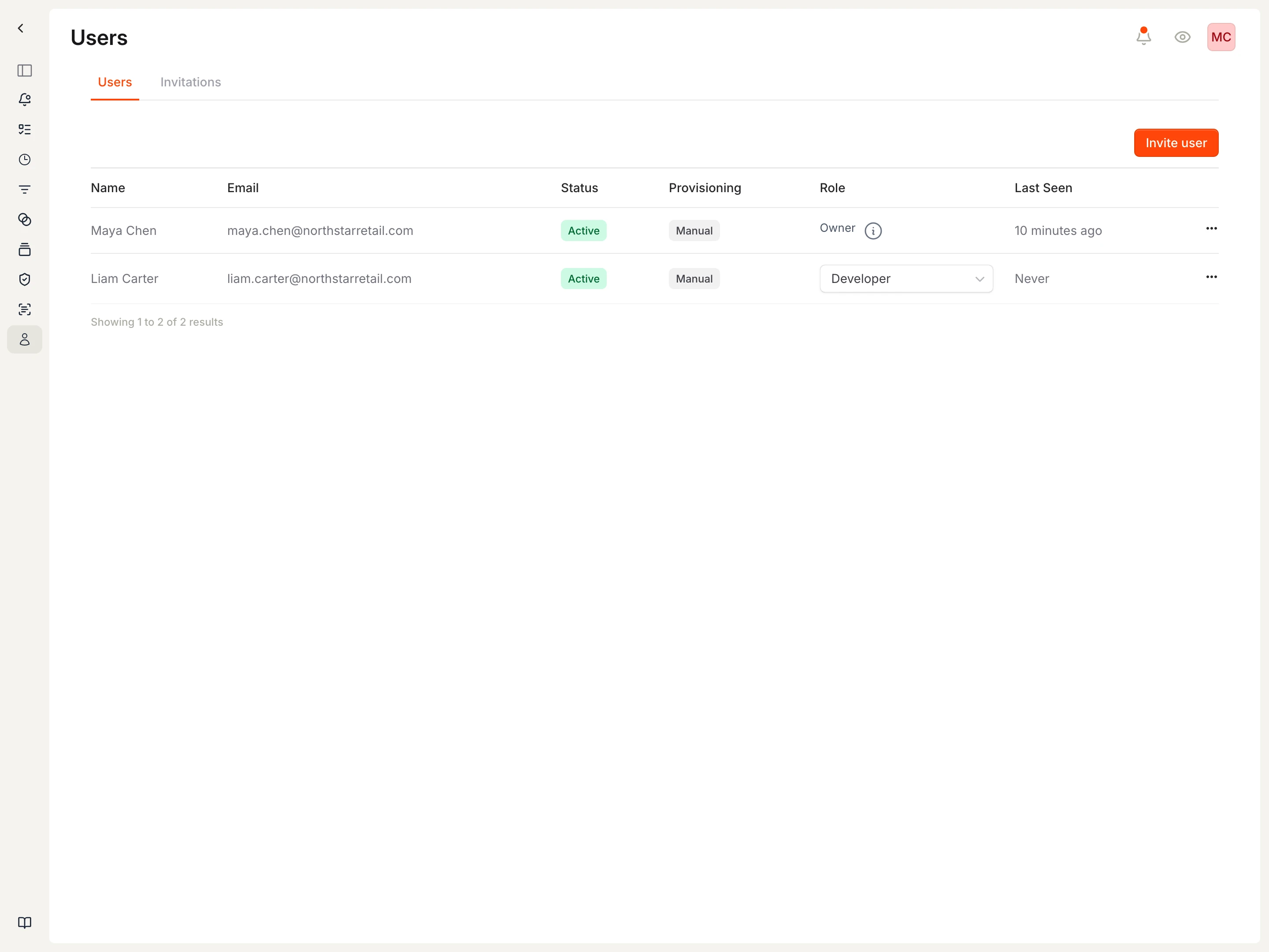 Members list showing two users with their email, status, provisioning method, role, and last seen time.