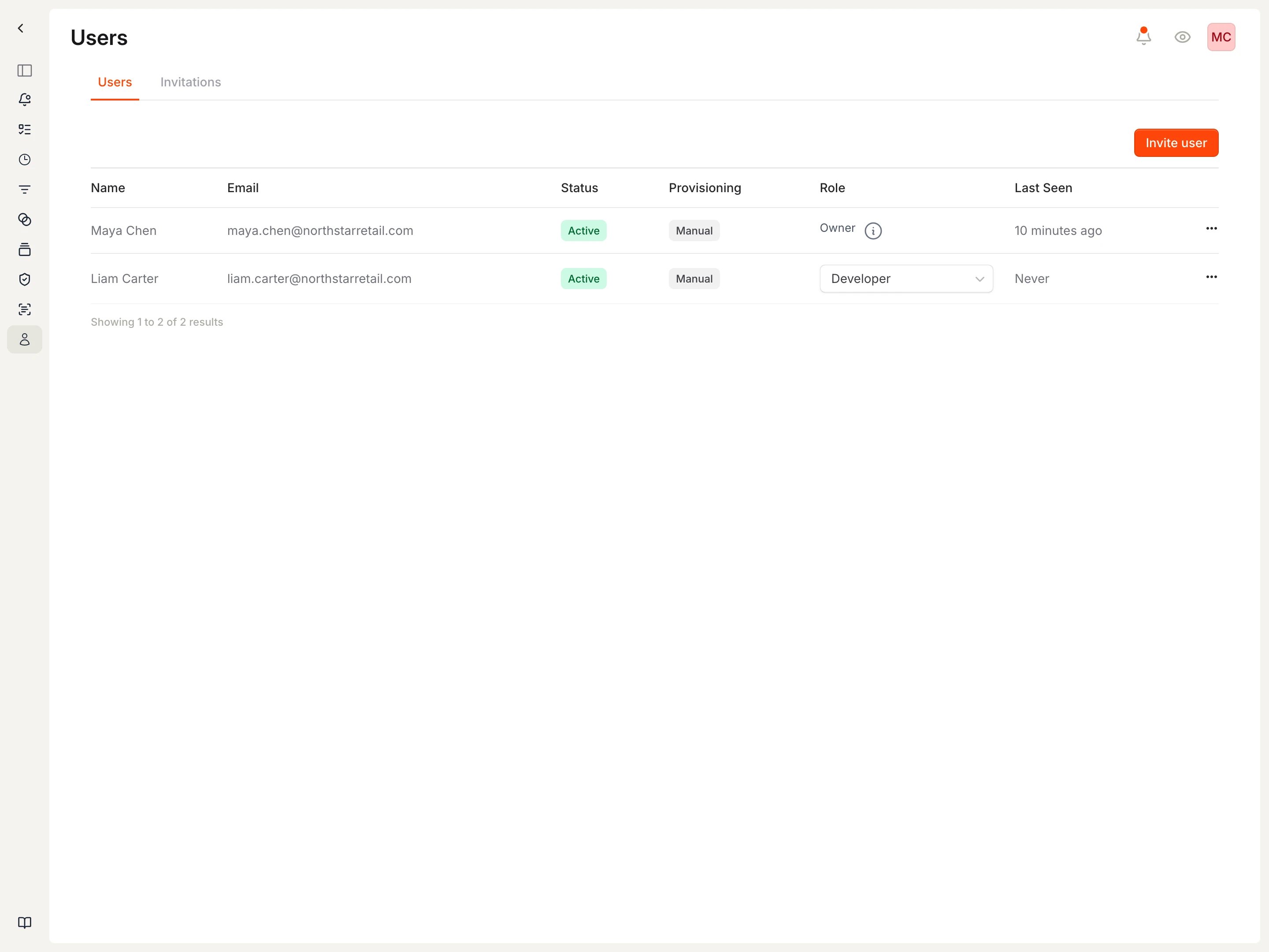 Members list showing two users with their email, status, provisioning method, role, and last seen time.